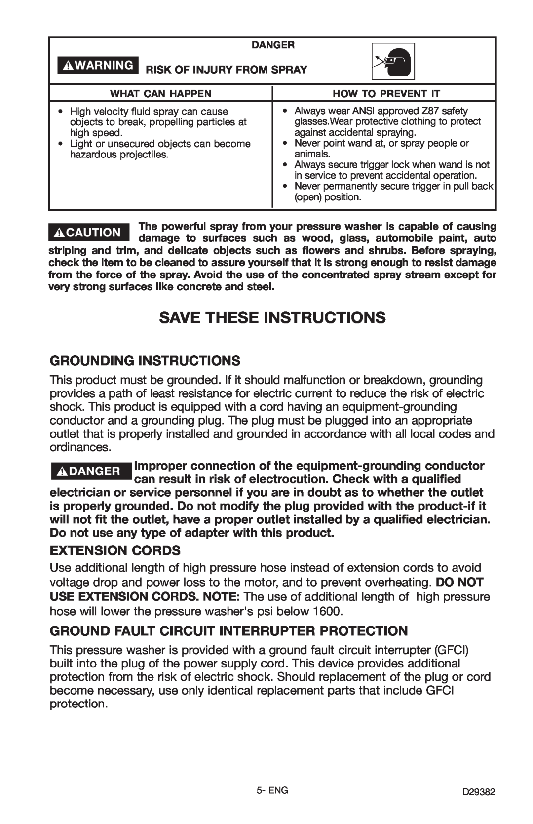 Delta D29382 Save These Instructions, Grounding Instructions, Extension Cords, Ground Fault Circuit Interrupter Protection 