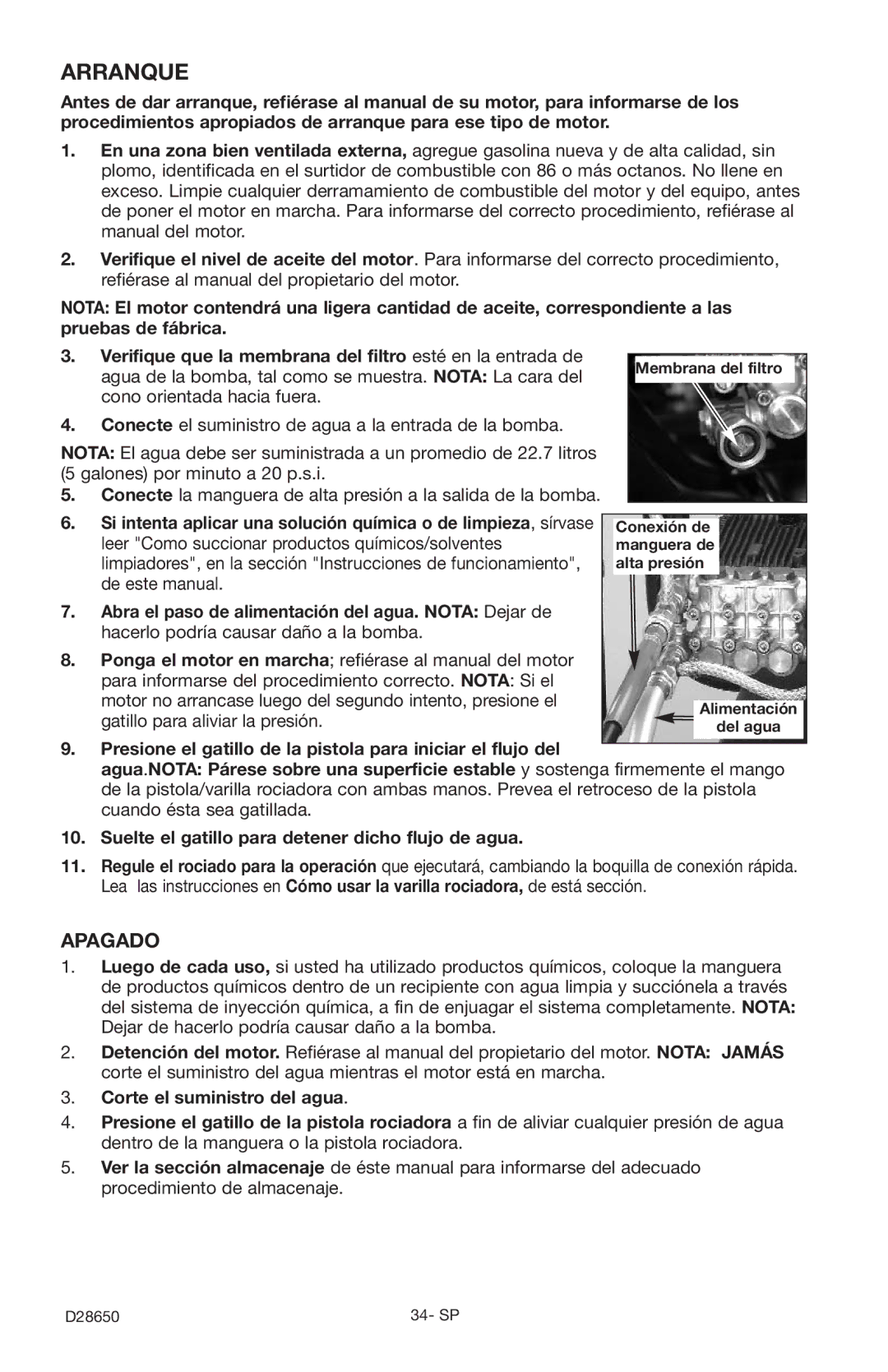 Delta D3500K Arranque, Apagado, Motor no arrancase luego del segundo intento, presione el, Gatillo para aliviar la presión 