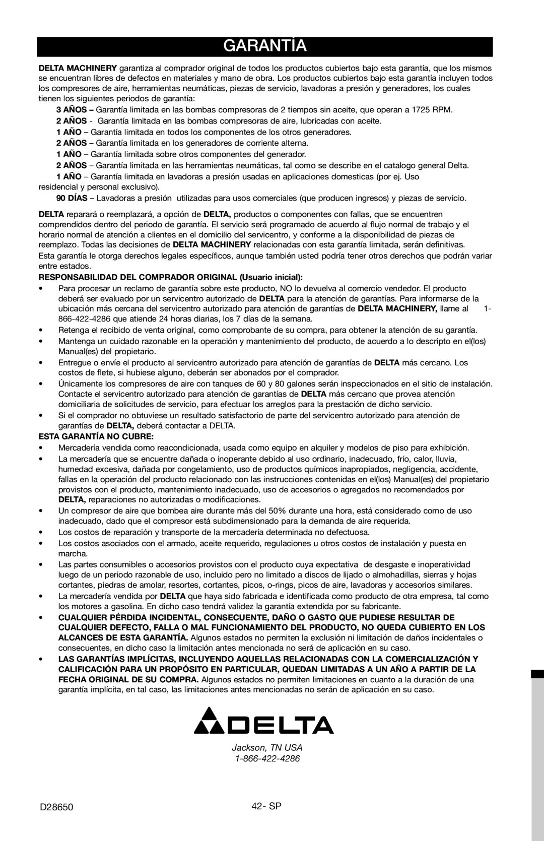 Delta D3500K, D28650 instruction manual Garantía, Responsabilidad DEL Comprador Original Usuario inicial 