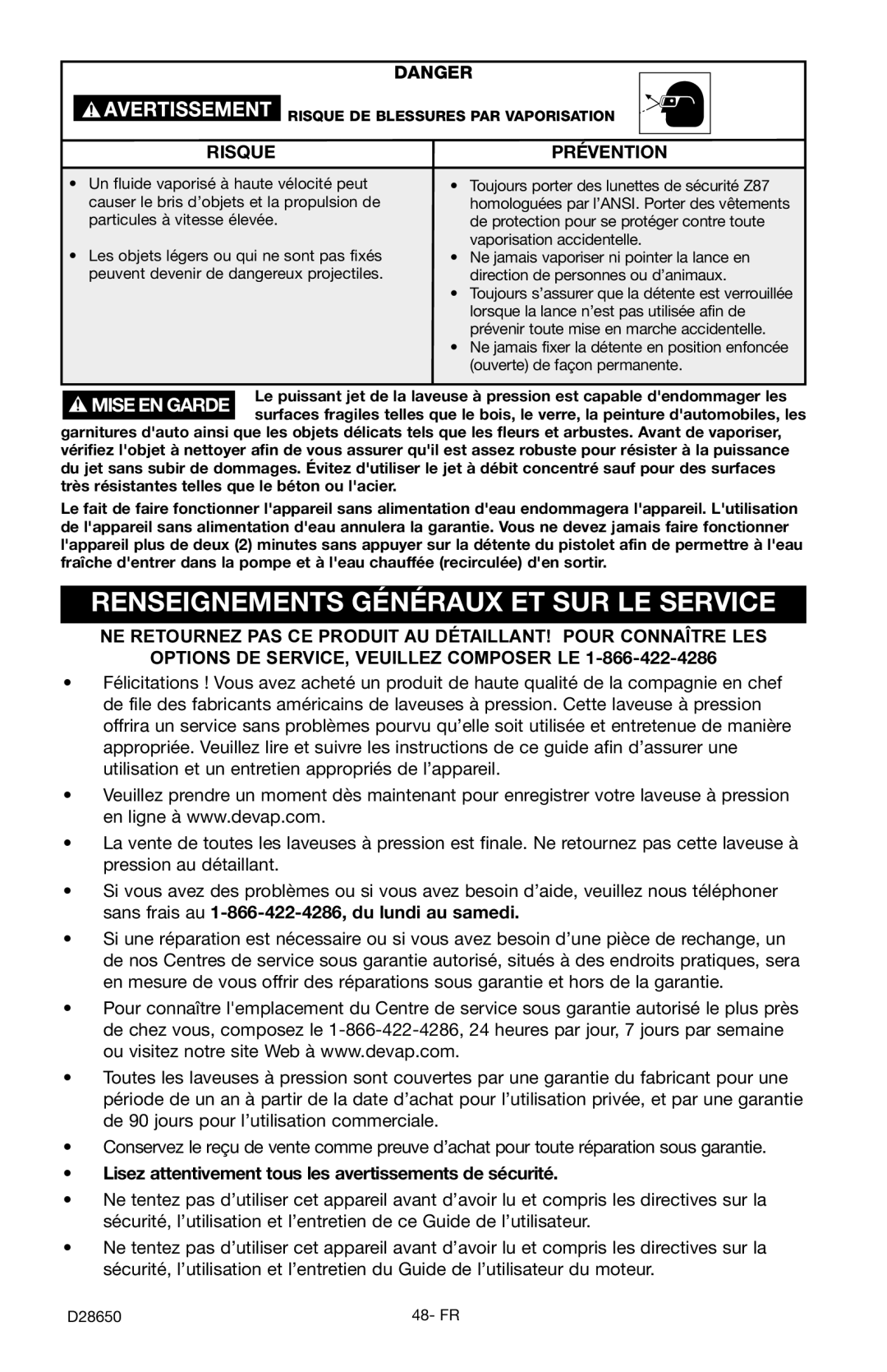 Delta D3500K, D28650 instruction manual Renseignements Généraux ET SUR LE Service, Risque Prévention 