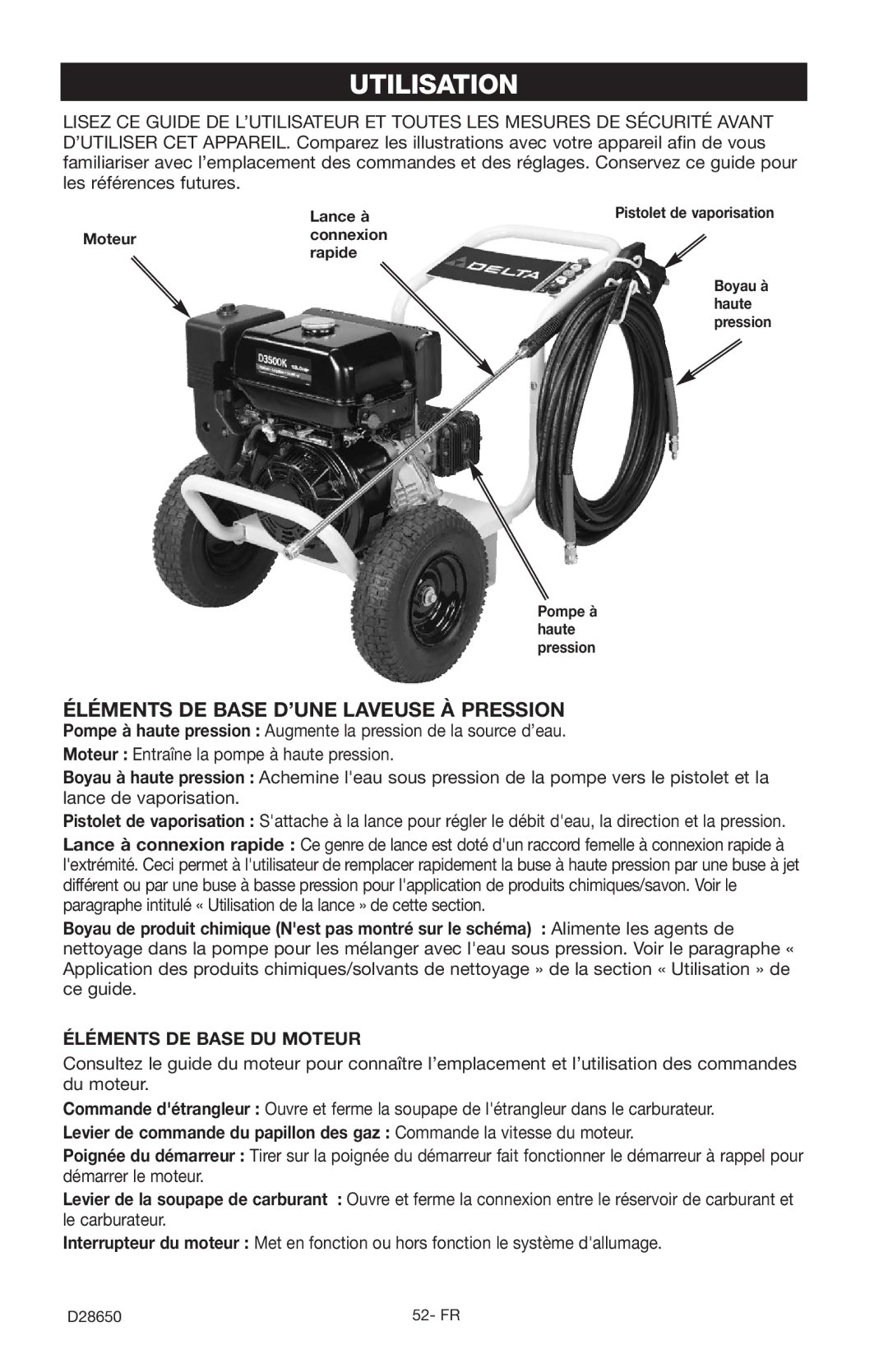 Delta D3500K, D28650 instruction manual Utilisation, Éléments DE Base D’UNE Laveuse À Pression, Éléments DE Base DU Moteur 