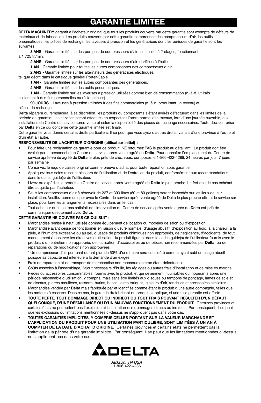 Delta D3500K, D28650 instruction manual Garantie Limitée, Responsabilité DE L’ACHETEUR D’ORIGINE utilisateur initial 