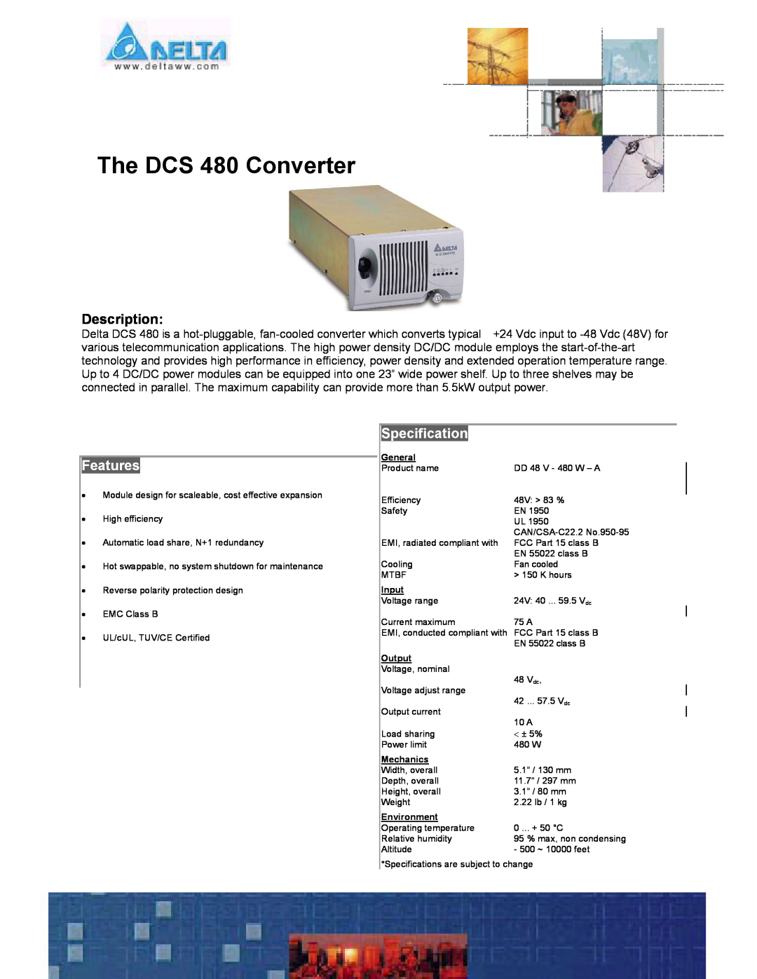 Delta specifications The DCS 480 Converter, Description, Features, Specification 