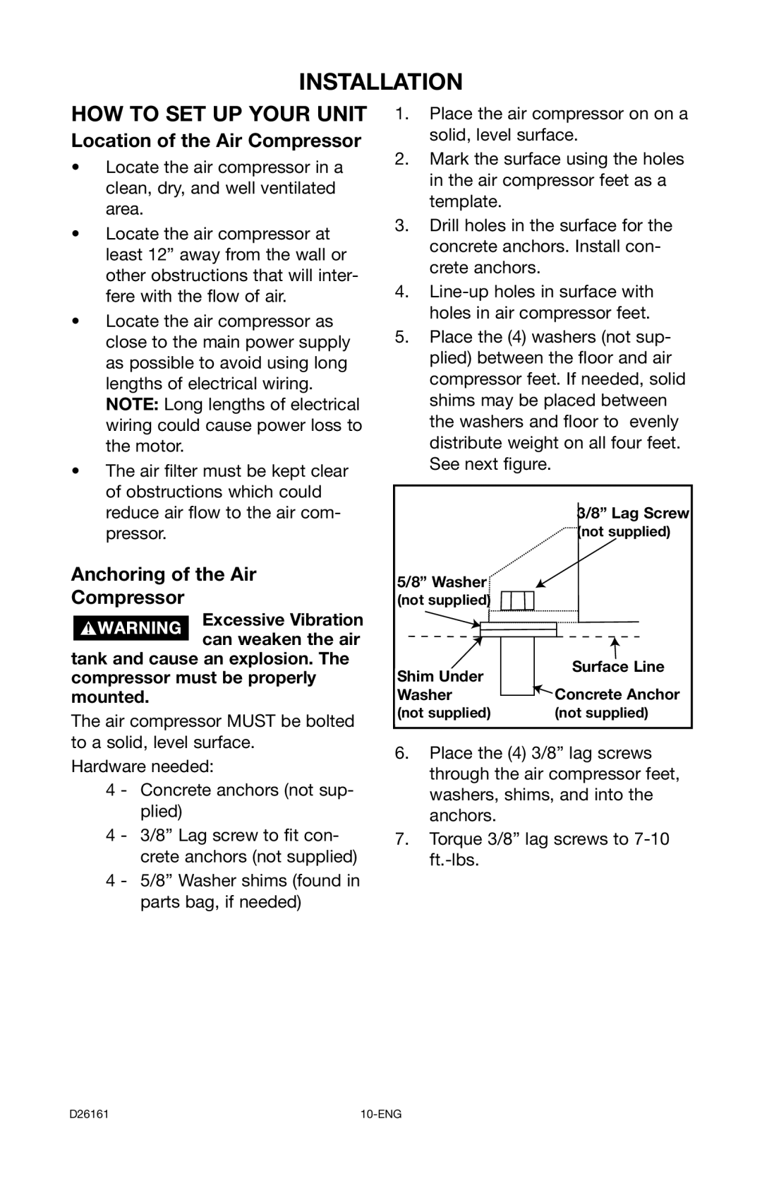 Delta DLKC6580V2-1 instruction manual Installation, Location of the Air Compressor, Anchoring of the Air Compressor 