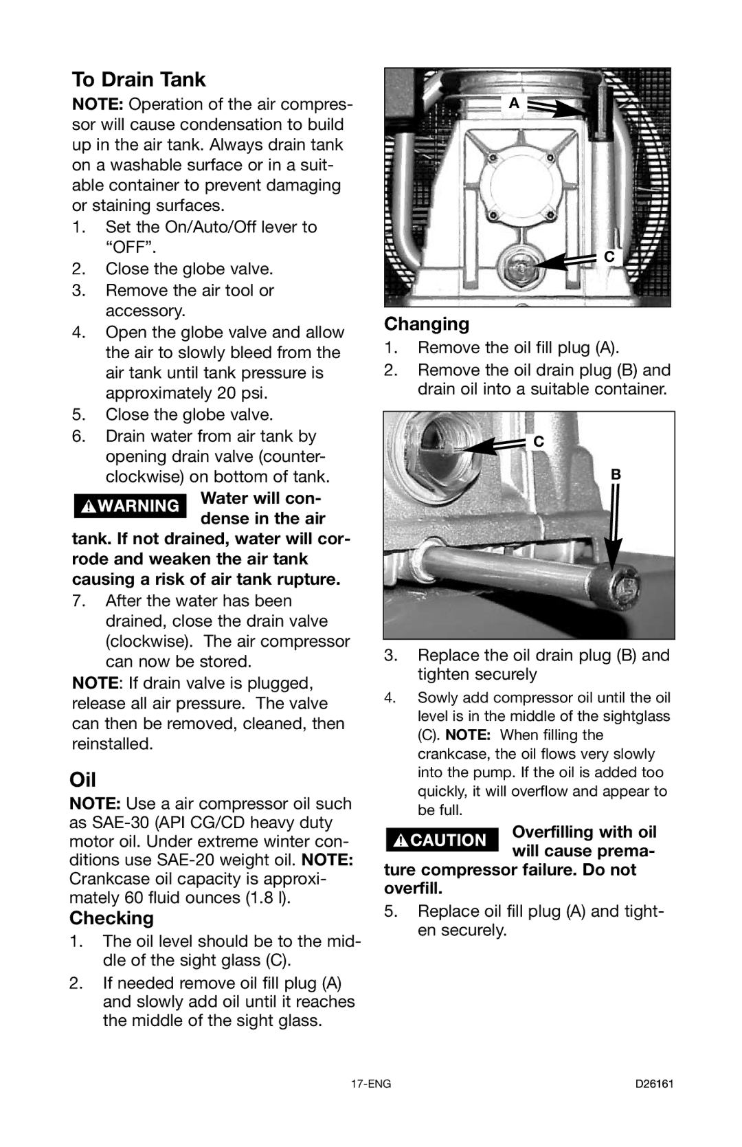 Delta DLKC6580V2-1 instruction manual To Drain Tank, Oil, Checking, Changing 