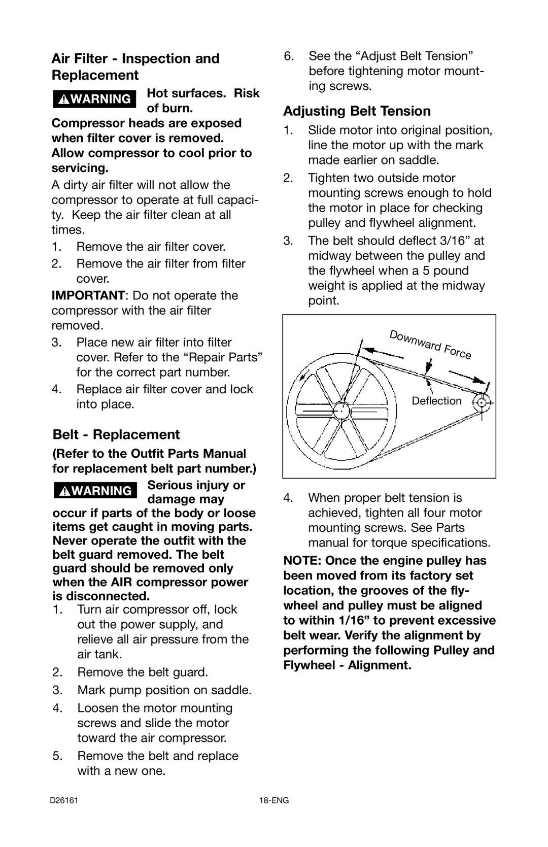 Delta DLKC6580V2-1 instruction manual Air Filter Inspection and Replacement, Belt Replacement, Adjusting Belt Tension 