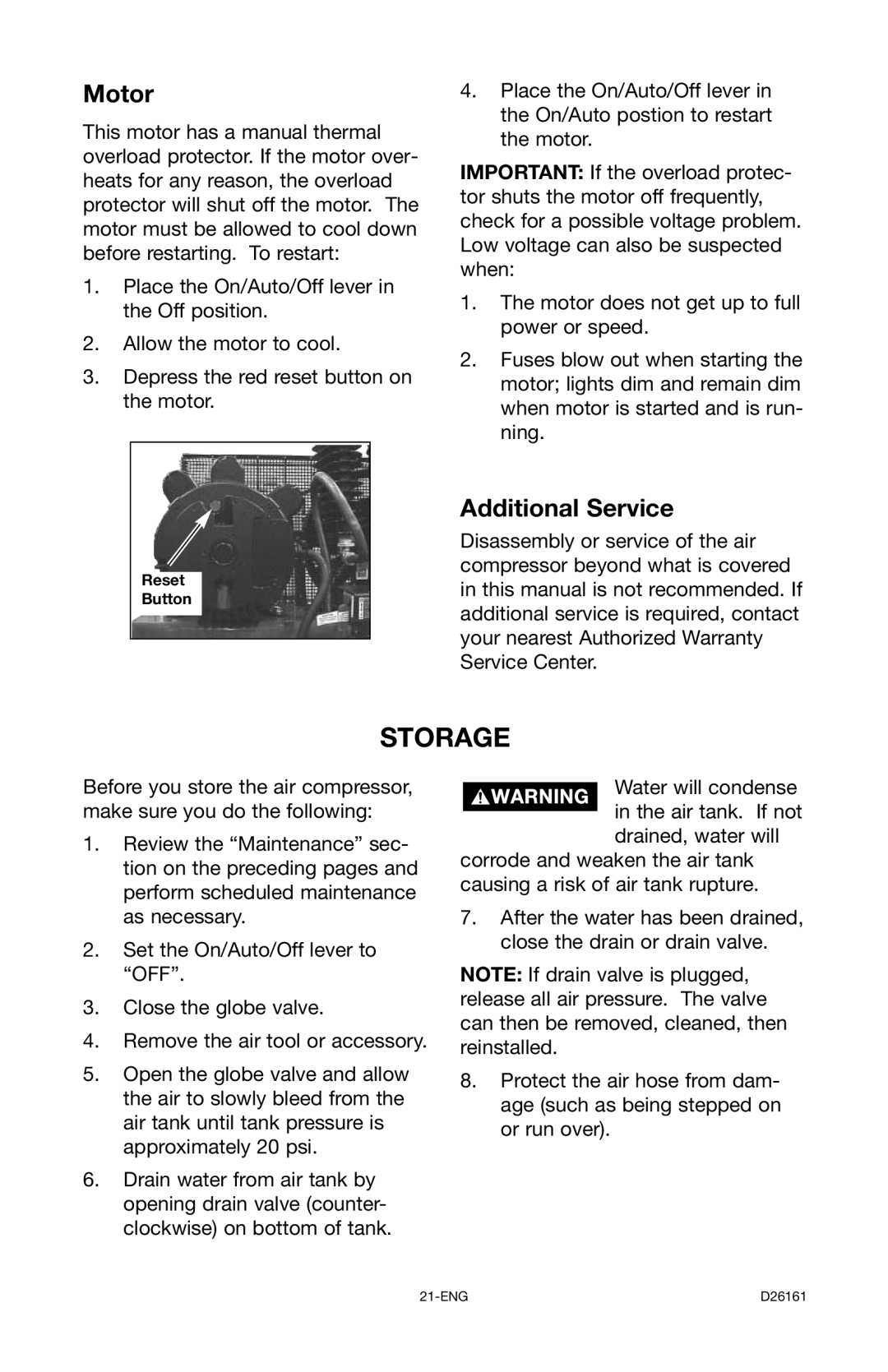 Delta DLKC6580V2-1 instruction manual Storage, Motor, Additional Service 