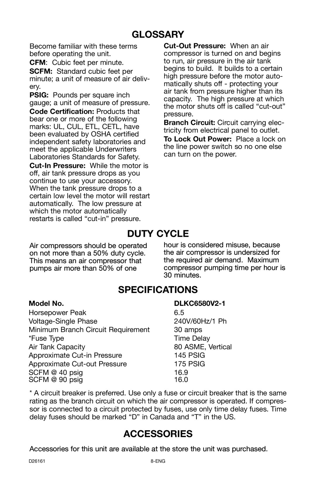 Delta DLKC6580V2-1 instruction manual Glossary, Duty Cycle, Specifications, Accessories 