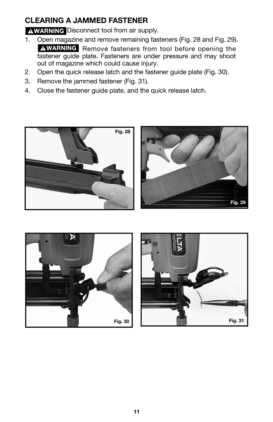 Delta DBS125, DNS100, DBN125 instruction manual Clearing a Jammed Fastener 