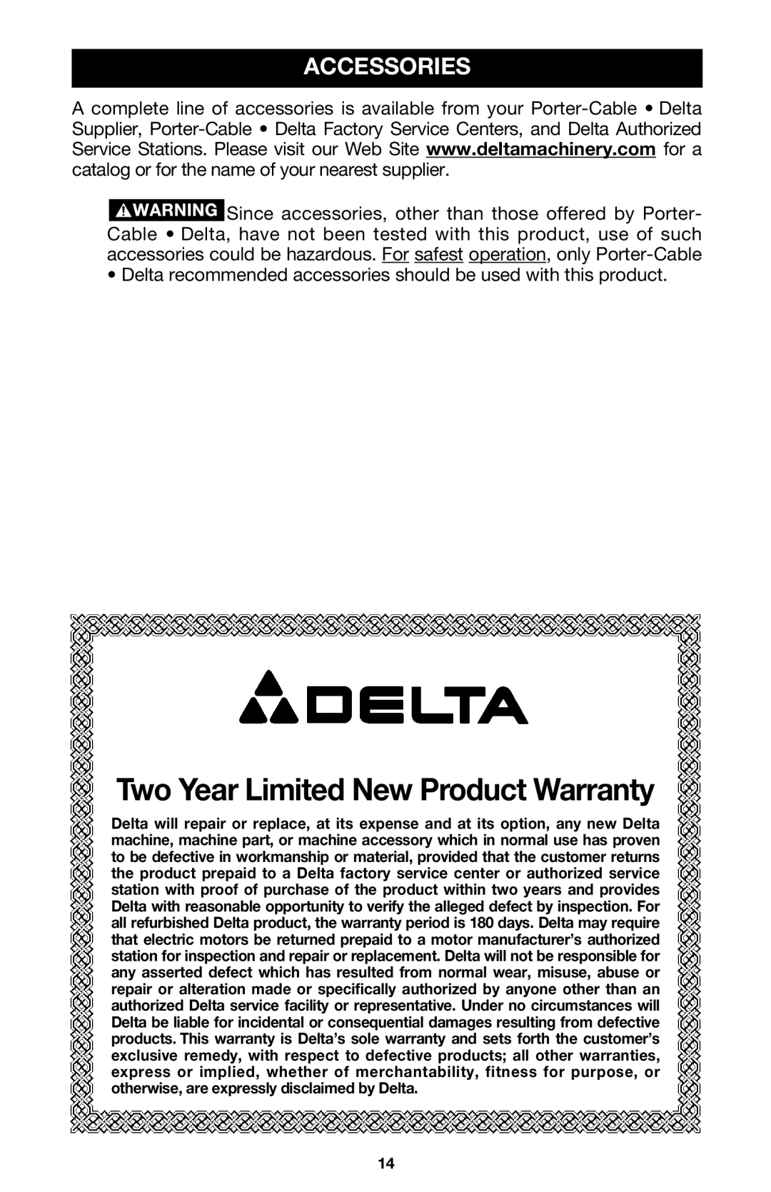 Delta DBS125, DNS100, DBN125 instruction manual Two Year Limited New Product Warranty, Accessories 