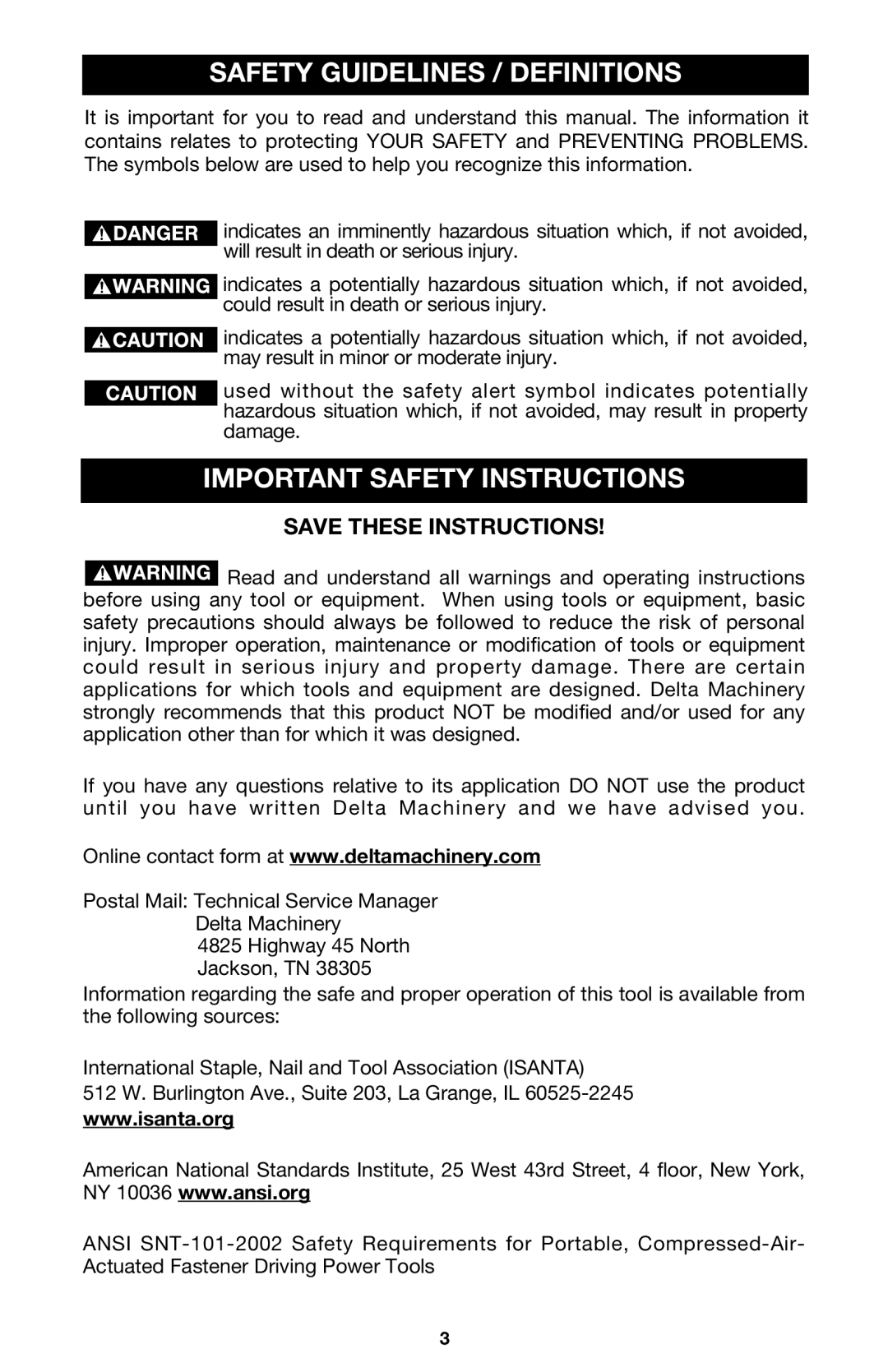 Delta DNS100, DBN125, DBS125 instruction manual Safety Guidelines / Definitions, Important Safety Instructions 