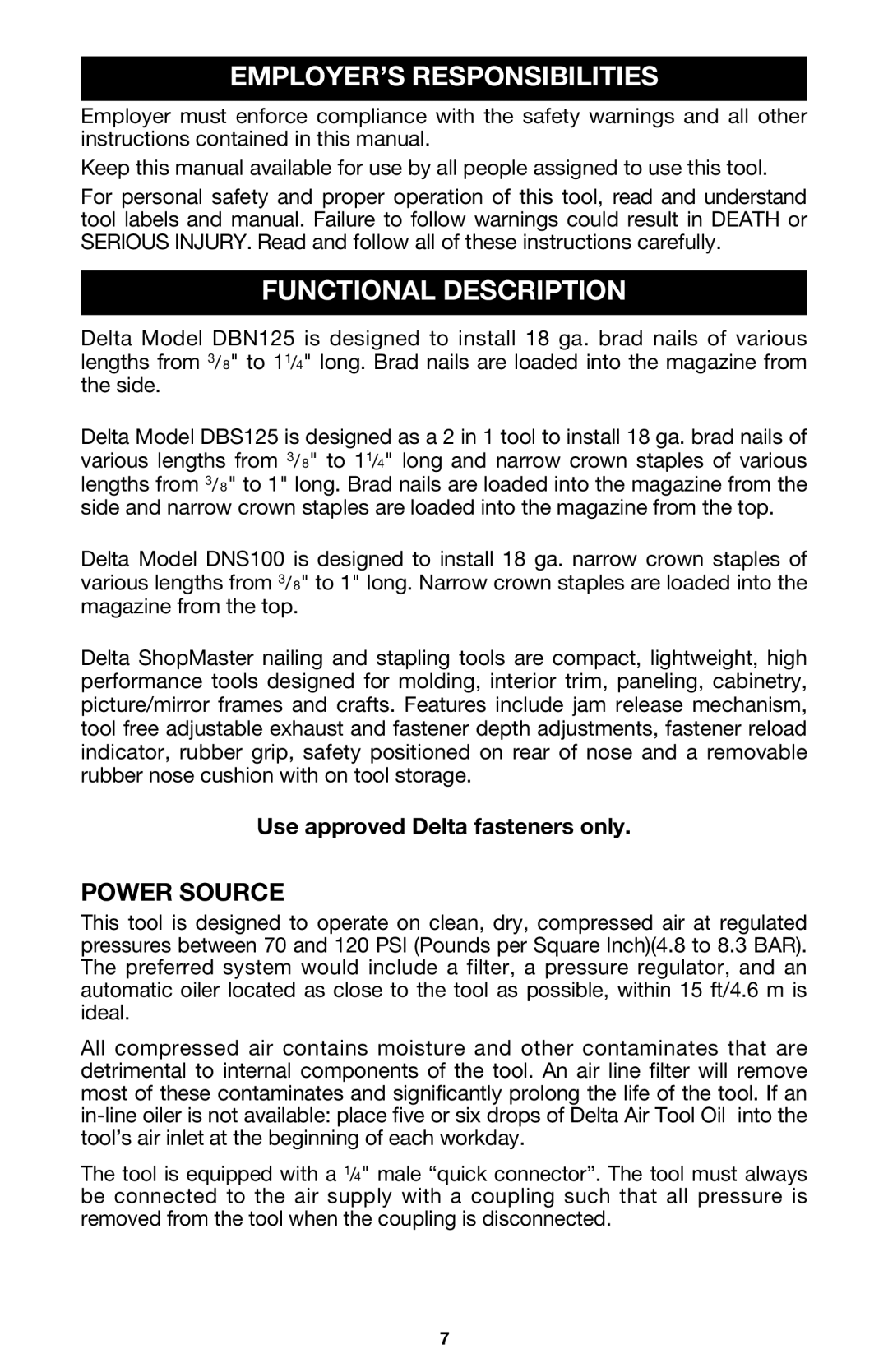 Delta DBN125, DNS100, DBS125 instruction manual EMPLOYER’S Responsibilities, Functional Description, Power Source 