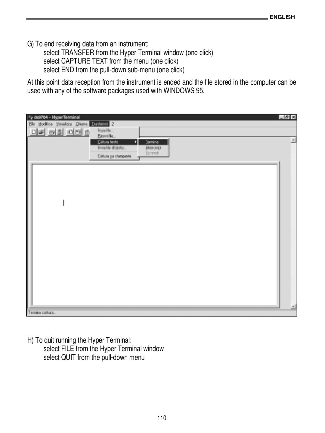 Delta DO 9704 manual To end receiving data from an instrument, Select END from the pull-down sub-menu one click, 110 