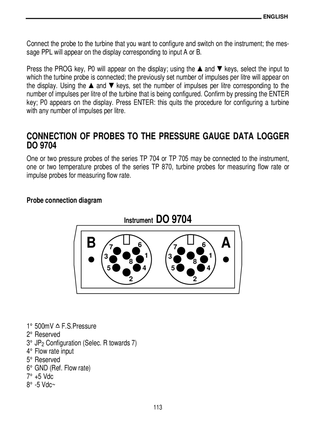 Delta DO 9704 manual Connection of Probes to the Pressure Gauge Data Logger do, Probe connection diagram Instrument do, 113 