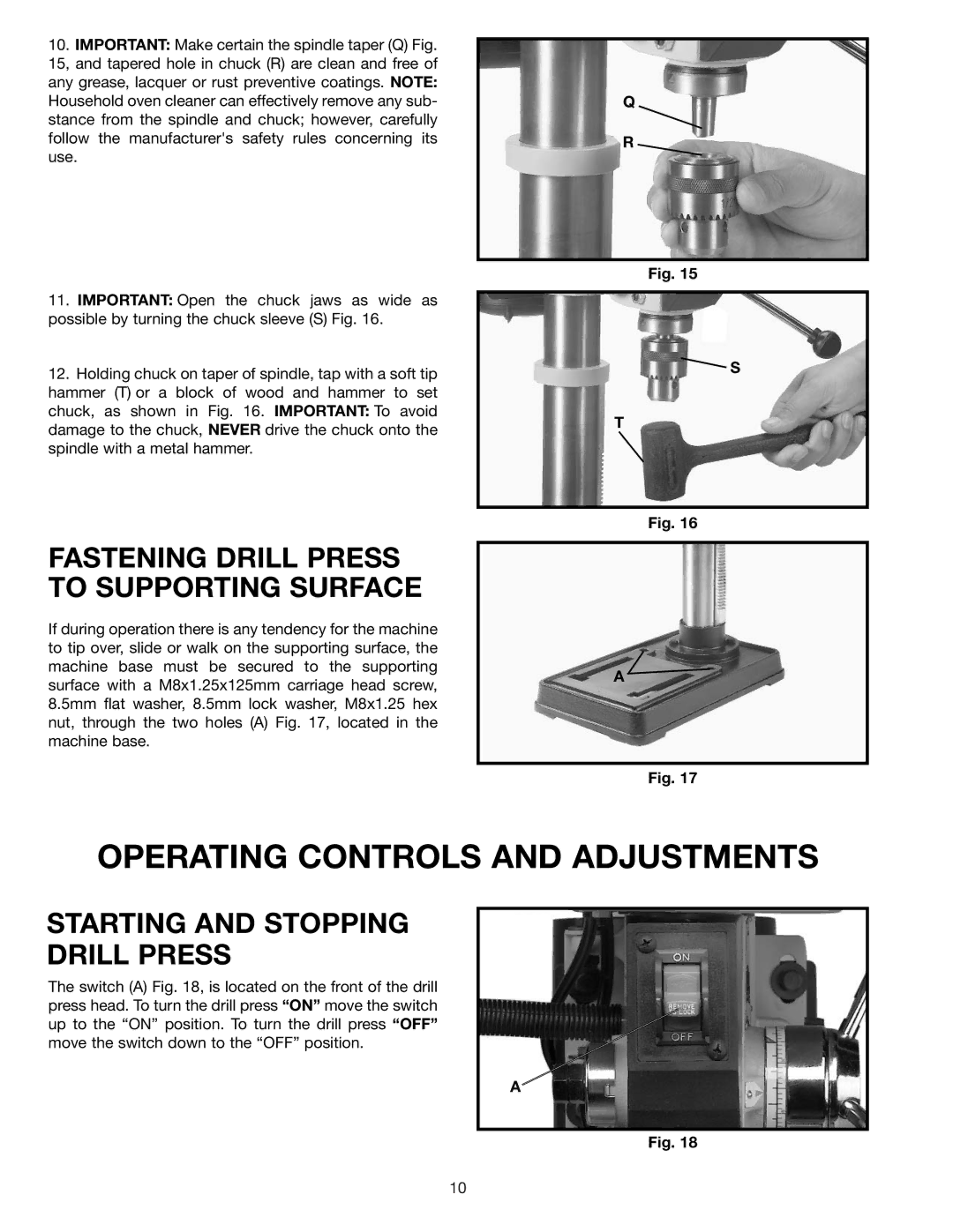 Delta DP200 instruction manual Fastening Drill Press to Supporting Surface, Starting and Stopping Drill Press 