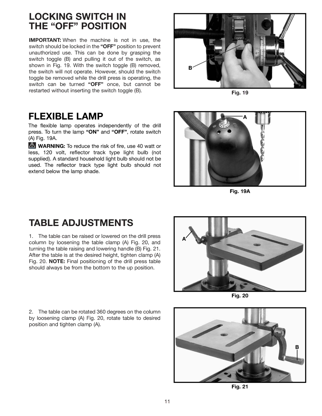 Delta DP200 instruction manual Locking Switch OFF Position, Flexible Lamp, Table Adjustments 