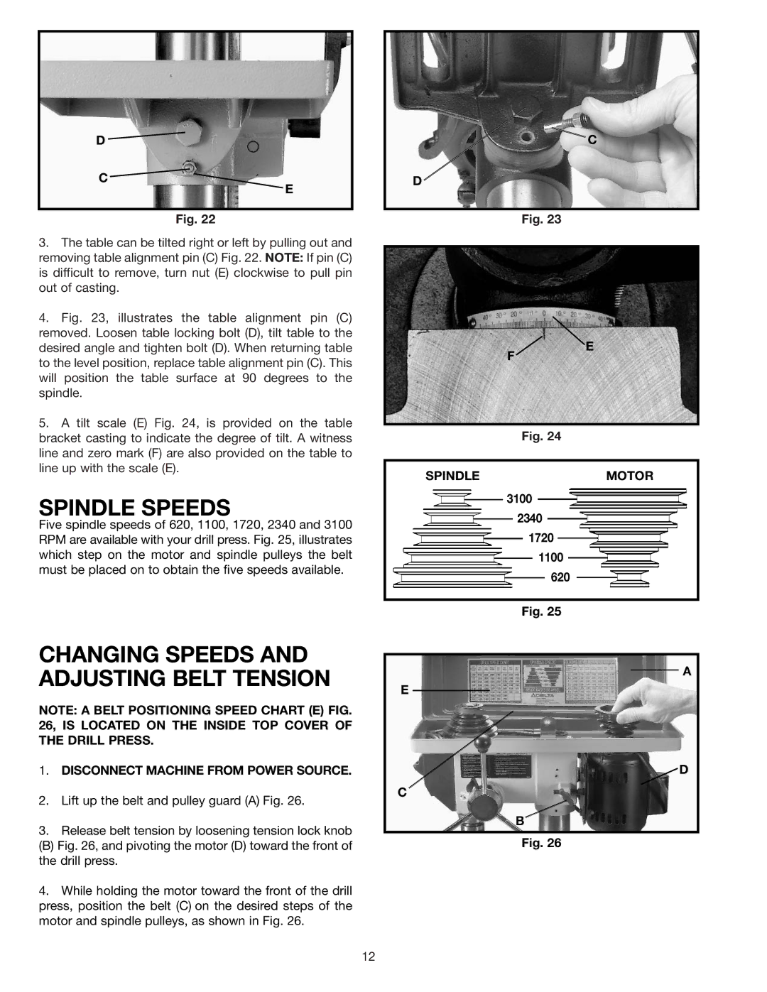 Delta DP200 instruction manual Spindle Speeds, Changing Speeds and Adjusting Belt Tension 