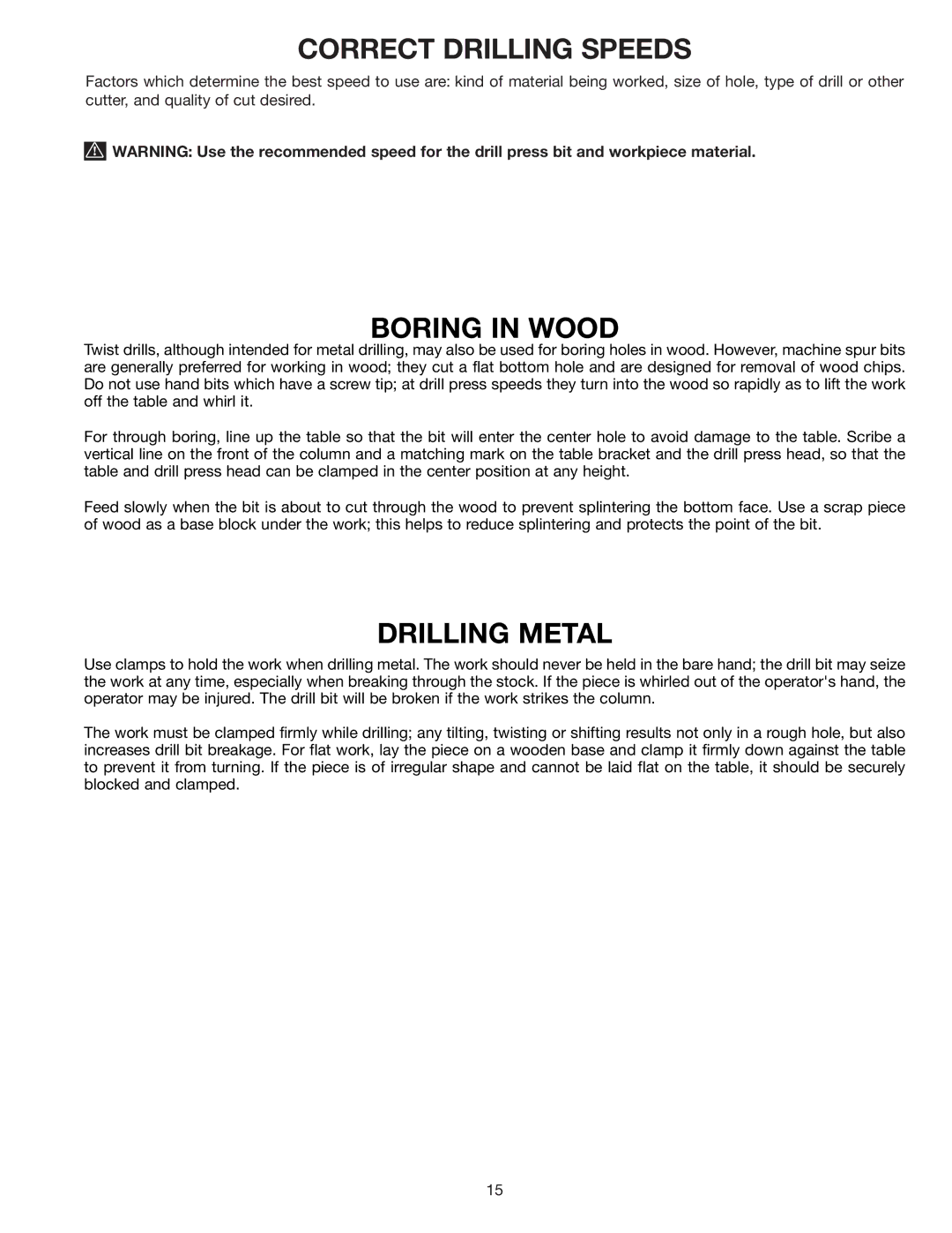 Delta DP200 instruction manual Correct Drilling Speeds, Boring in Wood, Drilling Metal 