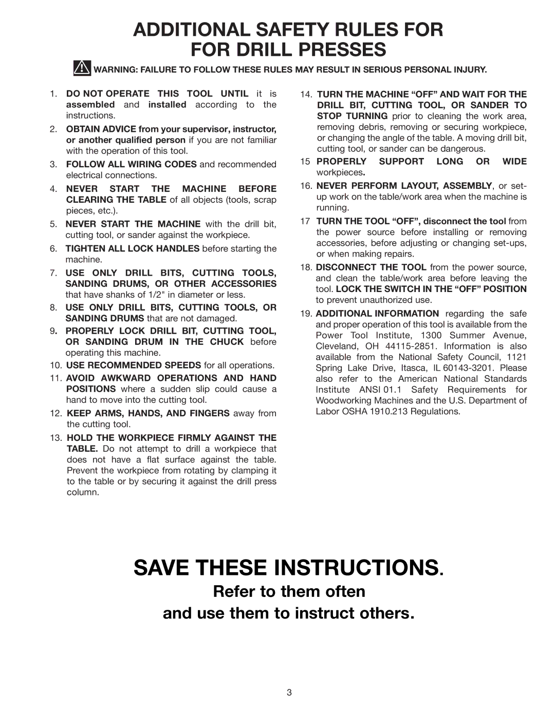 Delta DP200 instruction manual Additional Safety Rules for For Drill Presses 