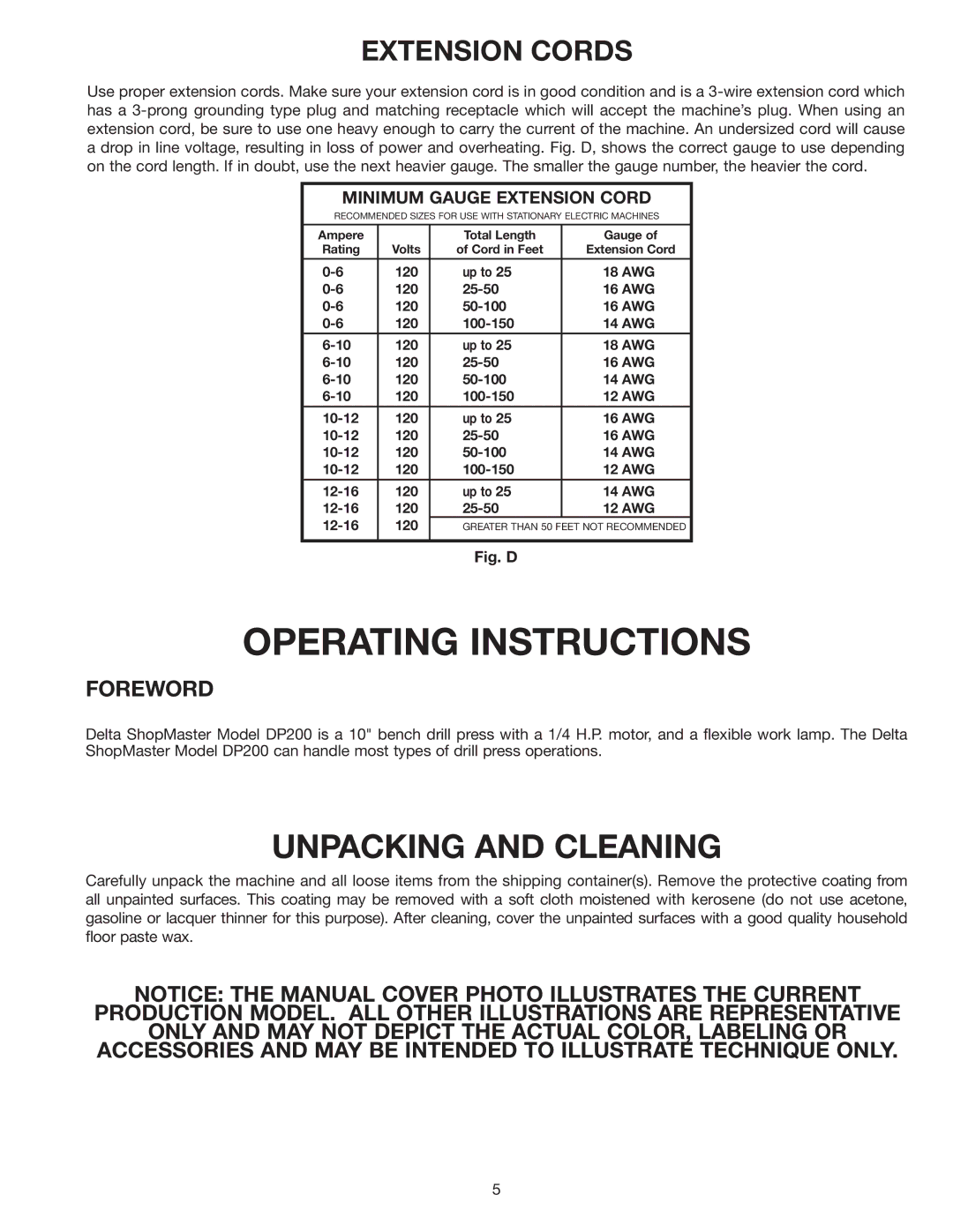 Delta DP200 instruction manual Unpacking and Cleaning, Extension Cords 