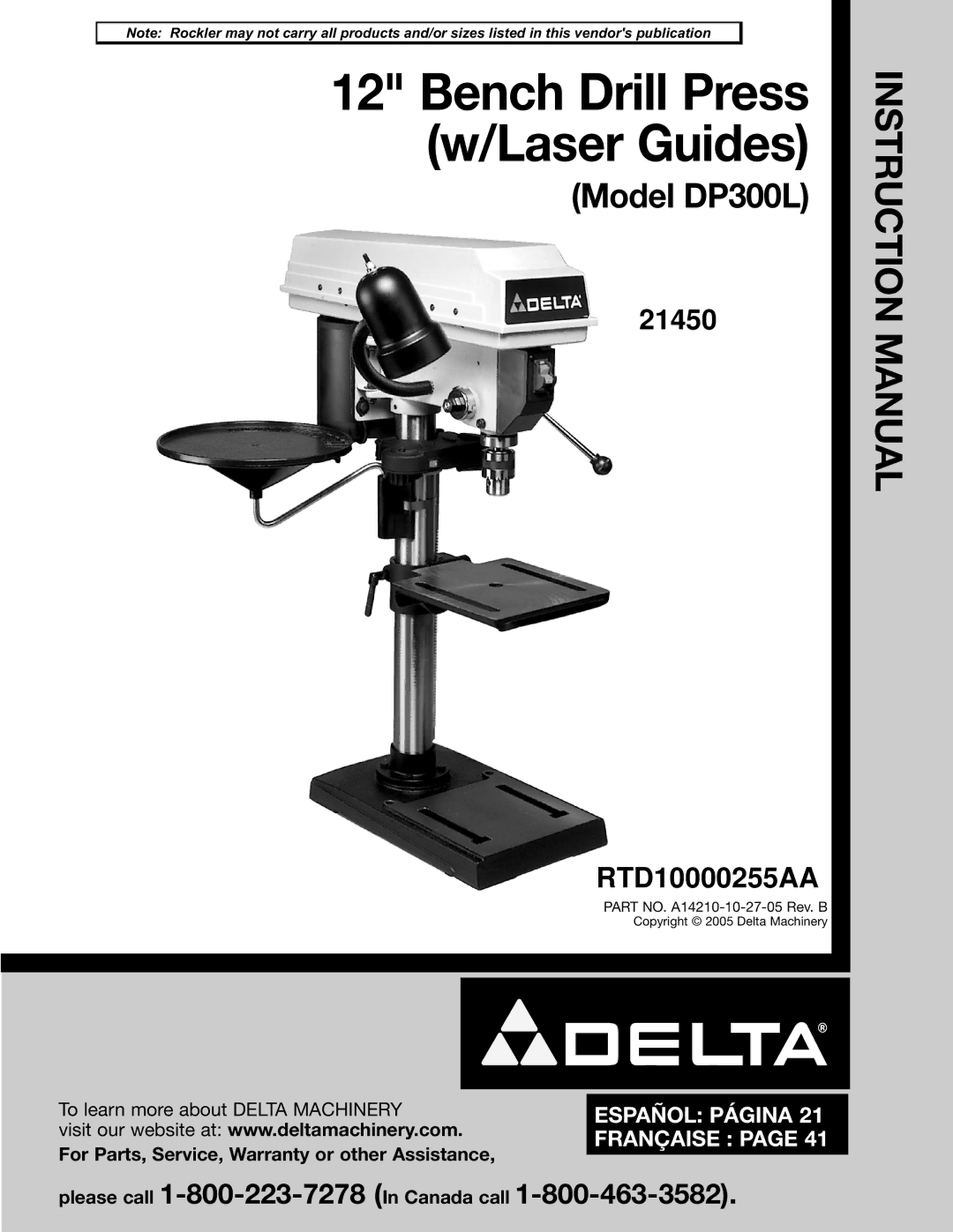 Delta DP300L instruction manual Bench Drill Press Laser Guides 