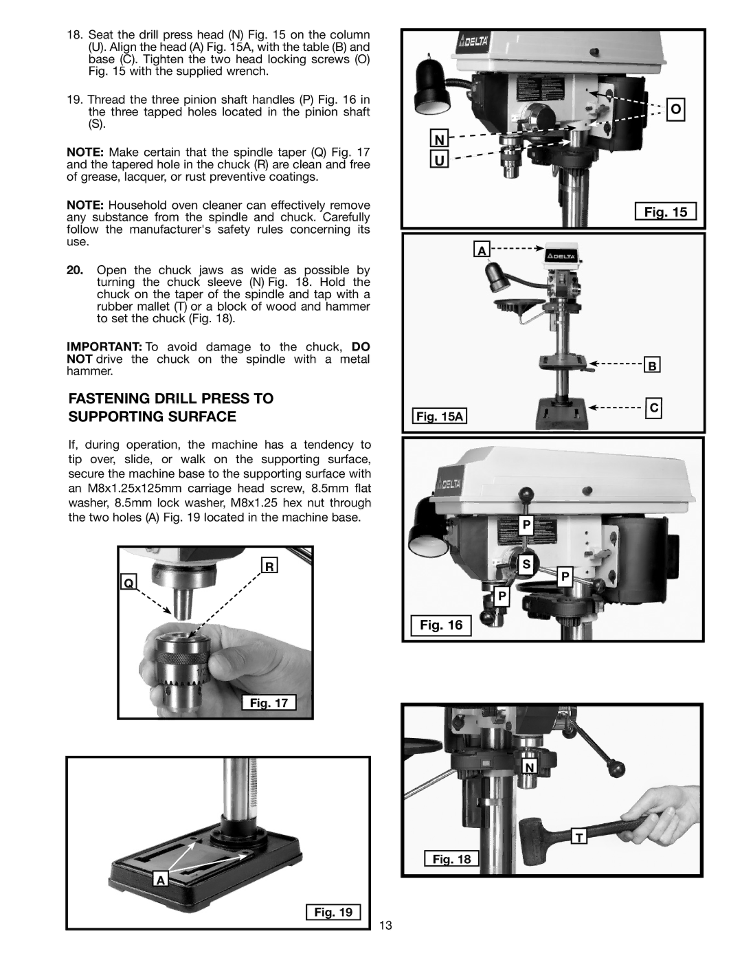 Delta DP300L instruction manual Fastening Drill Press to Supporting Surface 