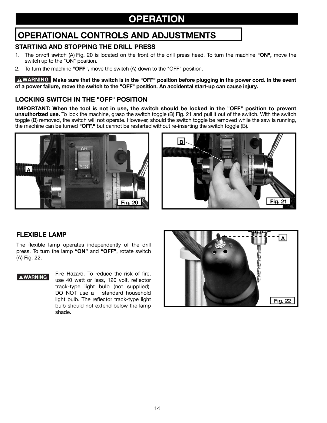 Delta DP300L Operational Controls and Adjustments, Starting and Stopping the Drill Press, Flexible Lamp 