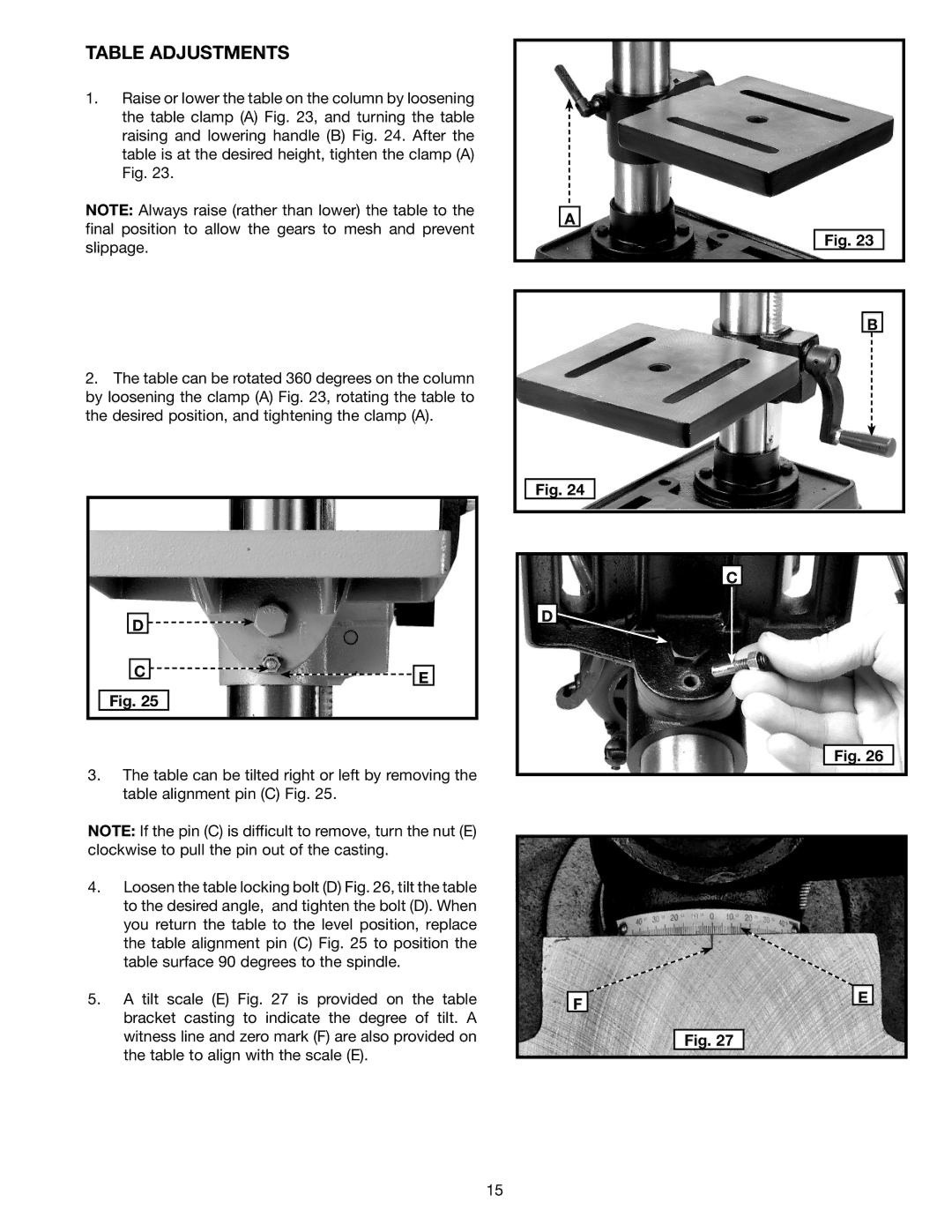 Delta DP300L instruction manual Table Adjustments 