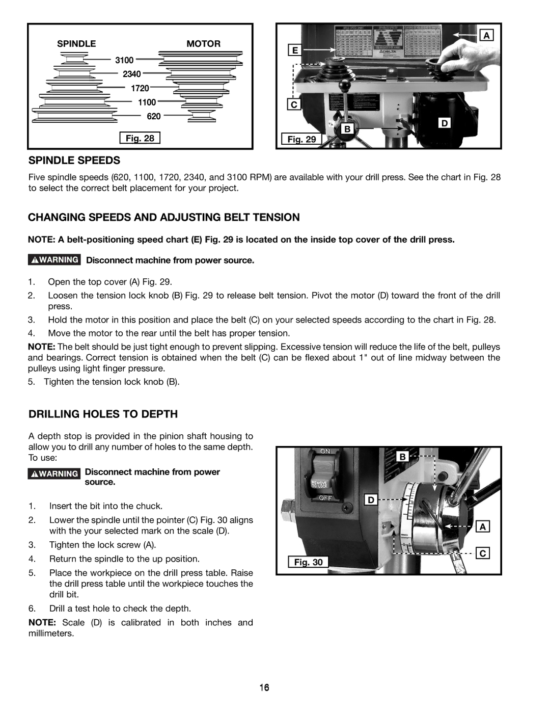 Delta DP300L Spindle Speeds, Changing Speeds and Adjusting Belt Tension, Drilling Holes to Depth, Spindle Motor 