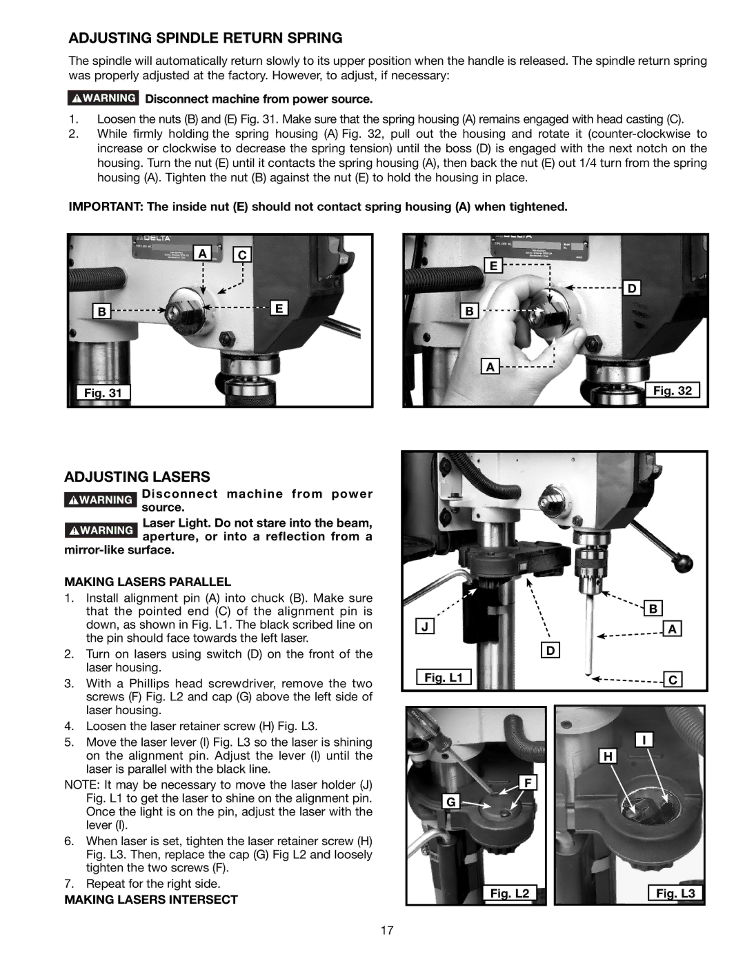 Delta DP300L Adjusting Spindle Return Spring, Adjusting Lasers, Making Lasers Parallel, Making Lasers Intersect 