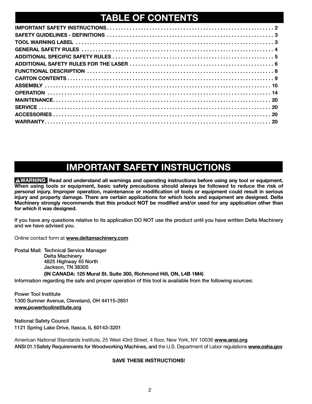 Delta DP300L instruction manual Table of Contents, Important Safety Instructions 