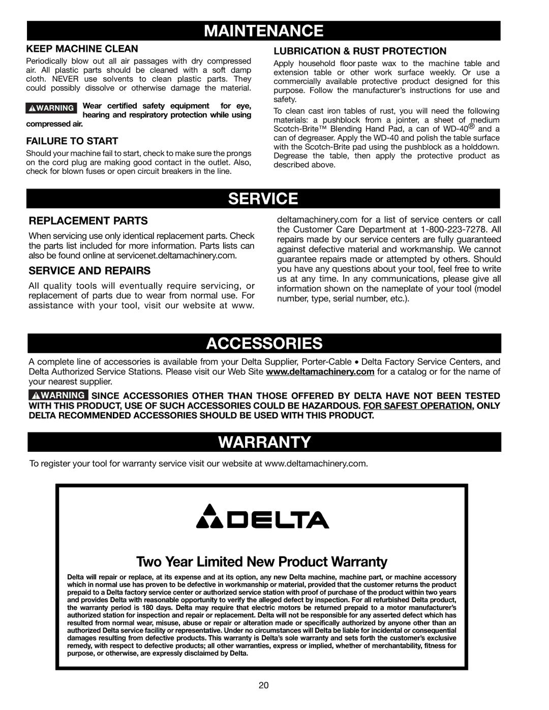 Delta DP300L instruction manual Maintenance, Service, Accessories, Warranty 