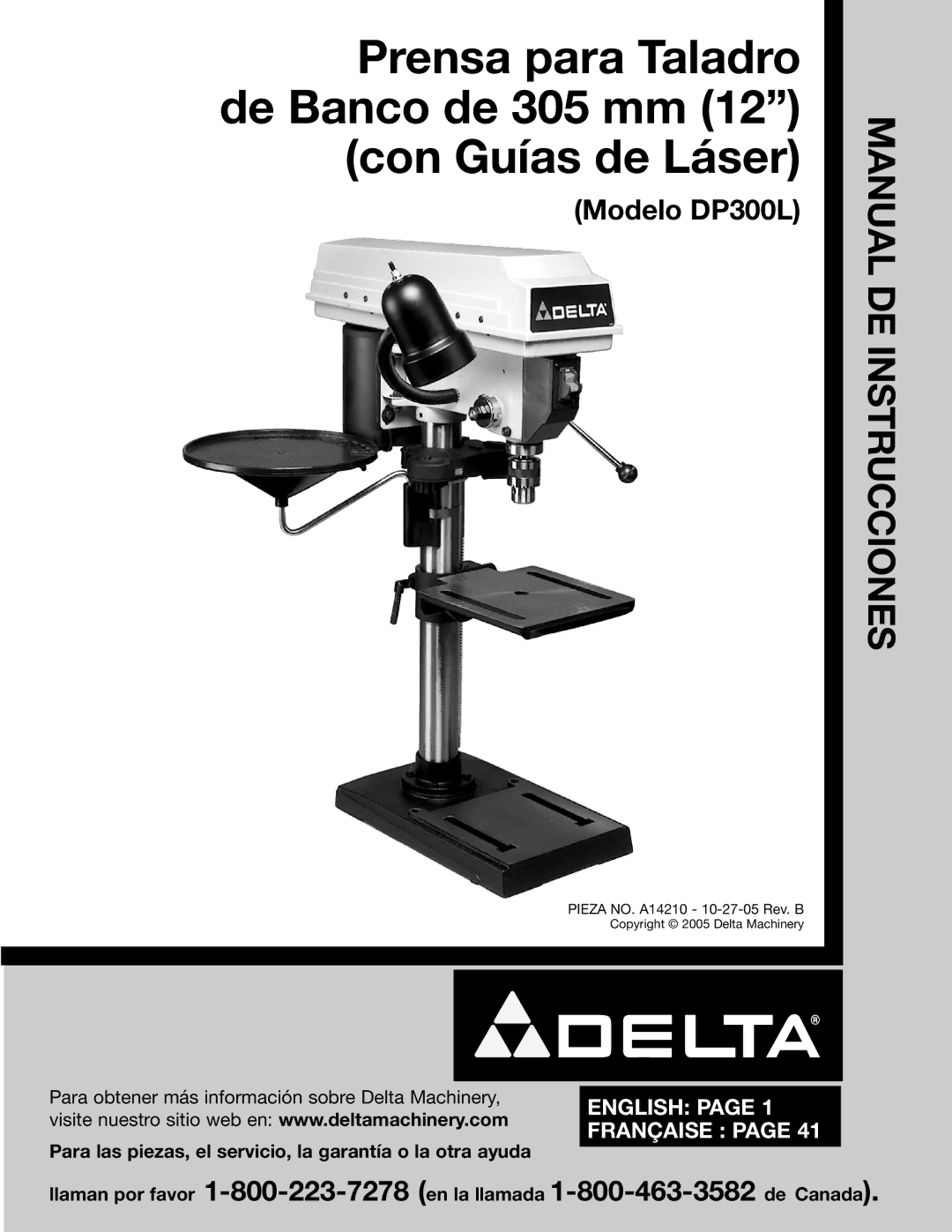 Delta DP300L instruction manual Prensa para Taladro de Banco de 305 mm Con Guías de Láser 