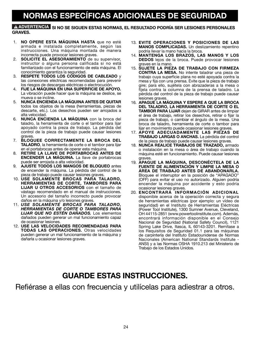 Delta DP300L instruction manual Normas Específicas Adicionales DE Seguridad 