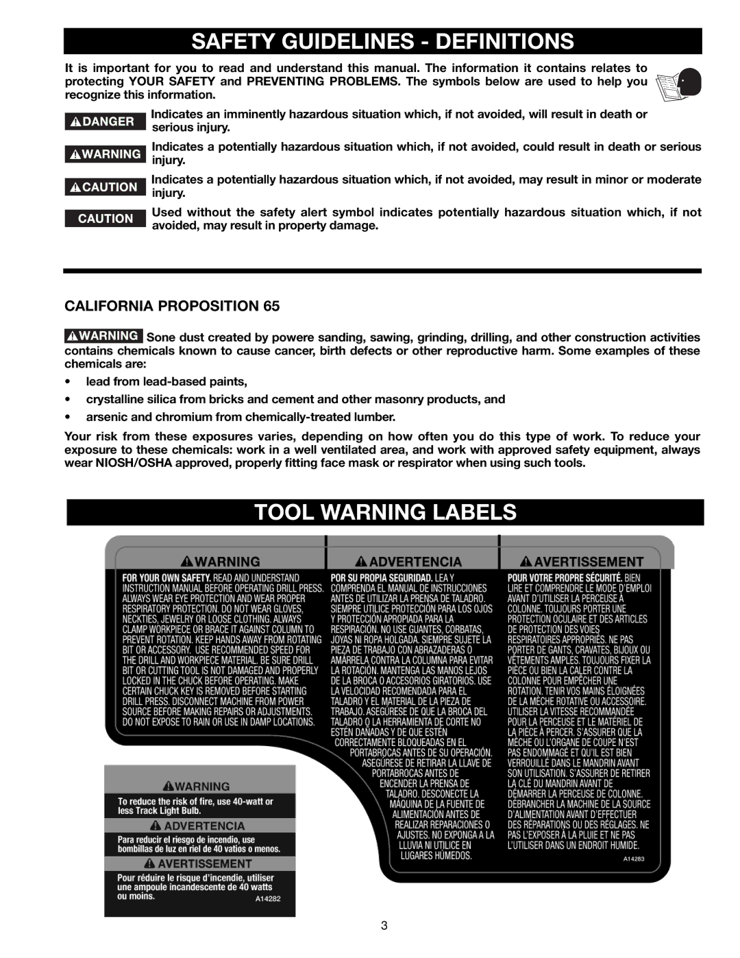 Delta DP300L instruction manual Safety Guidelines Definitions, Tool Warning Labels, California Proposition 