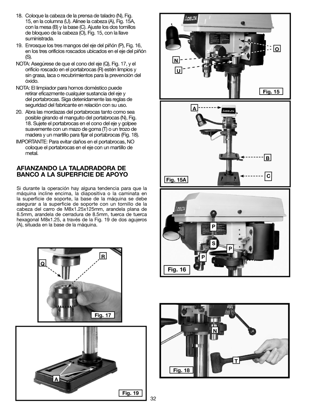 Delta DP300L instruction manual Afianzando LA Taladradora DE Banco a LA Superficie DE Apoyo 