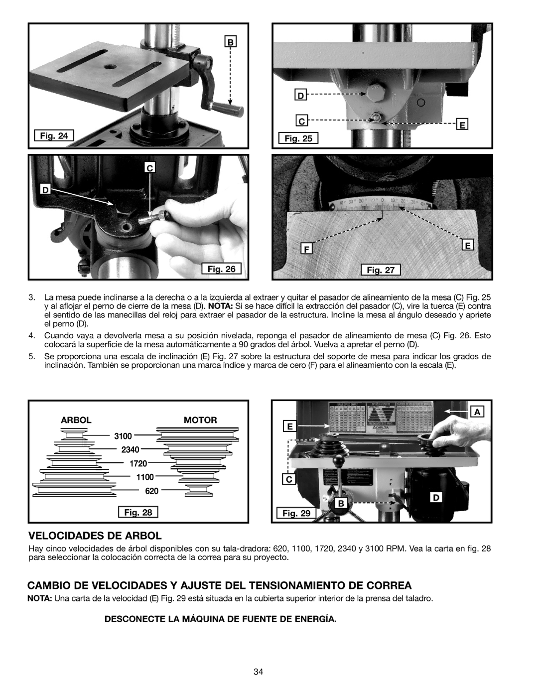 Delta DP300L Velocidades DE Arbol, Cambio DE Velocidades Y Ajuste DEL Tensionamiento DE Correa, Arbol Motor 