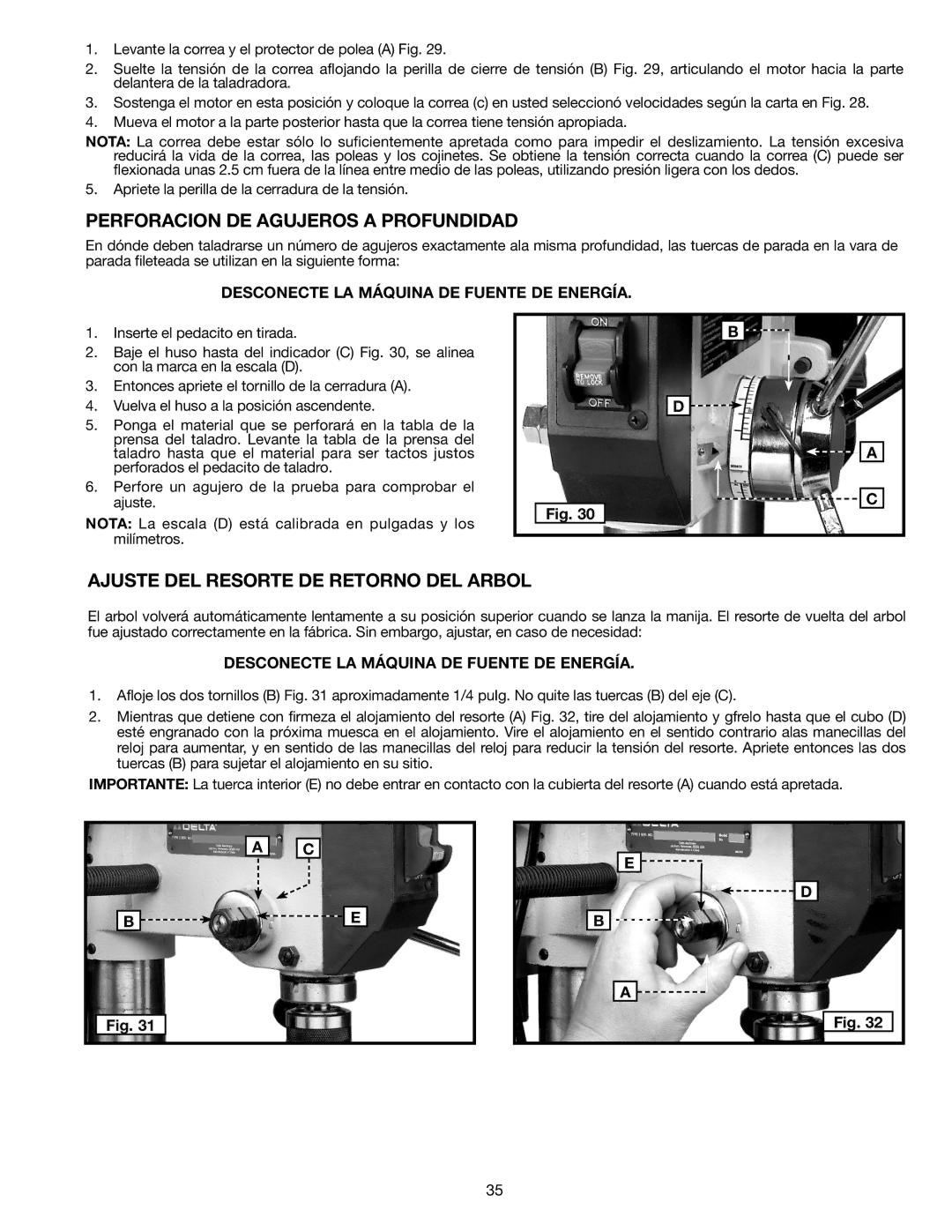 Delta DP300L instruction manual Perforacion DE Agujeros a Profundidad, Ajuste DEL Resorte DE Retorno DEL Arbol 