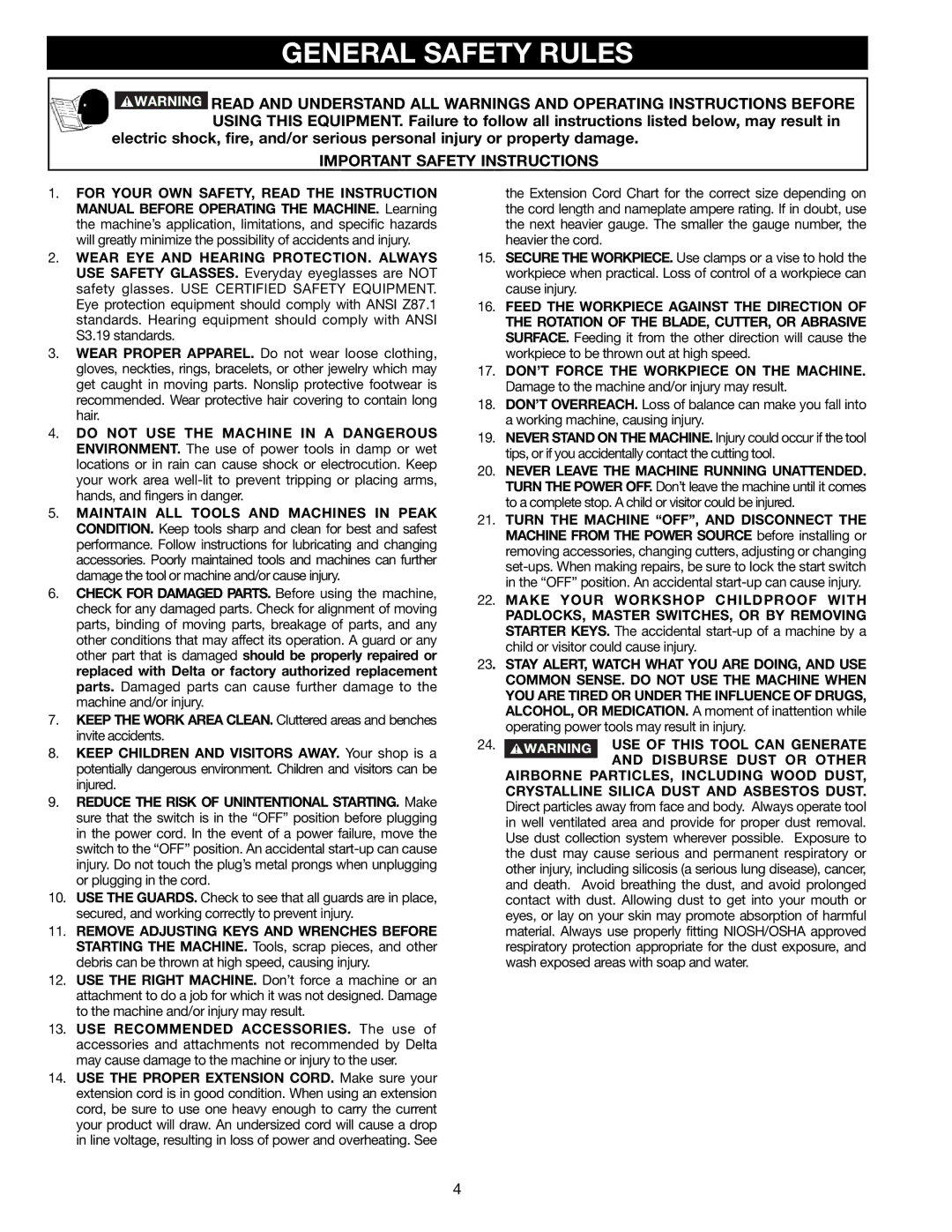 Delta DP300L instruction manual General Safety Rules, Important Safety Instructions 