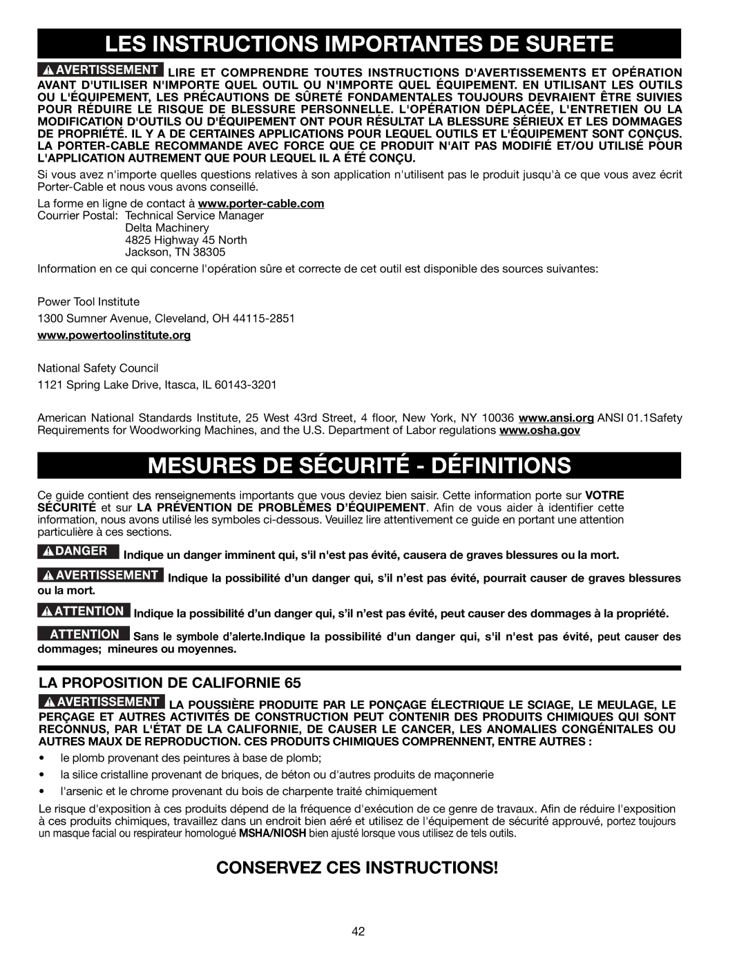 Delta DP300L LES Instructions Importantes DE Surete, Mesures DE Sécurité Définitions, LA Proposition DE Californie 