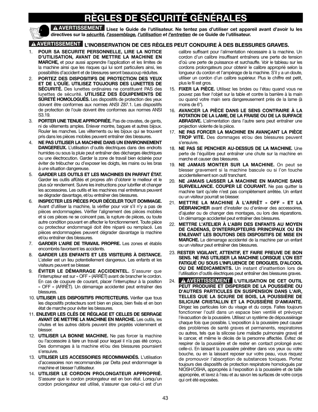 Delta DP300L instruction manual Règles DE Sécurité Générales, Lutilisation DE CET Outil 