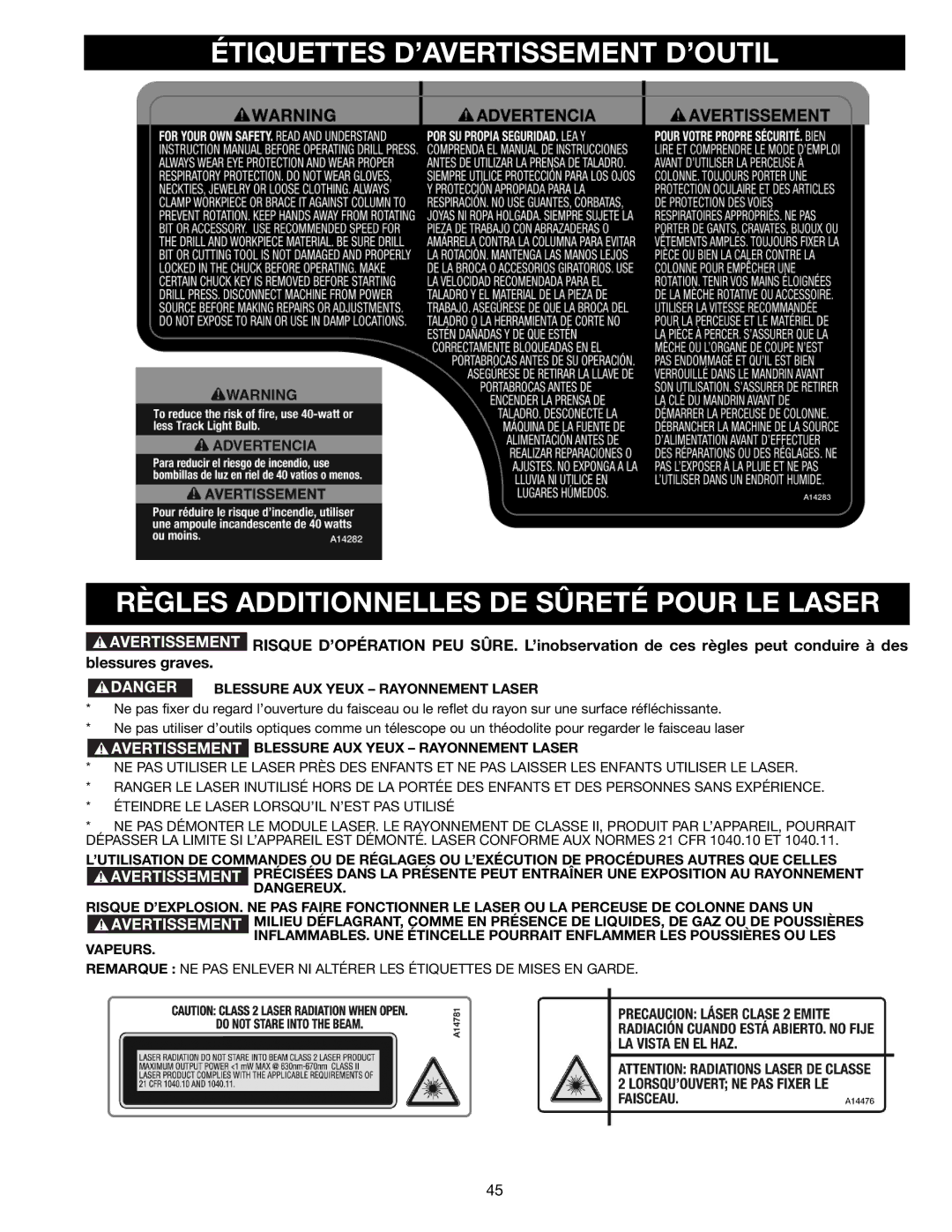 Delta DP300L instruction manual Blessure AUX Yeux Rayonnement Laser 