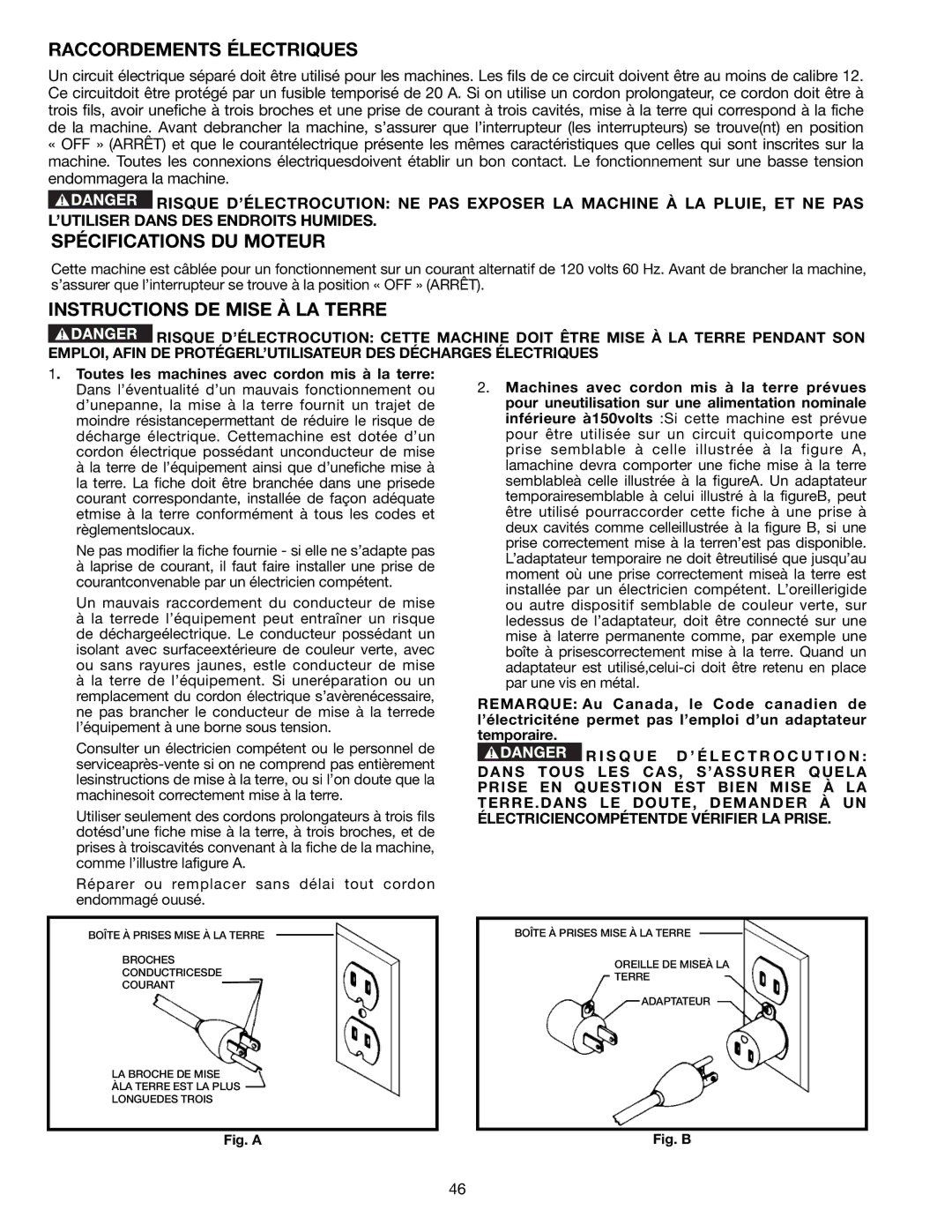 Delta DP300L instruction manual Raccordements Électriques, Spécifications DU Moteur, Instructions DE Mise À LA Terre 