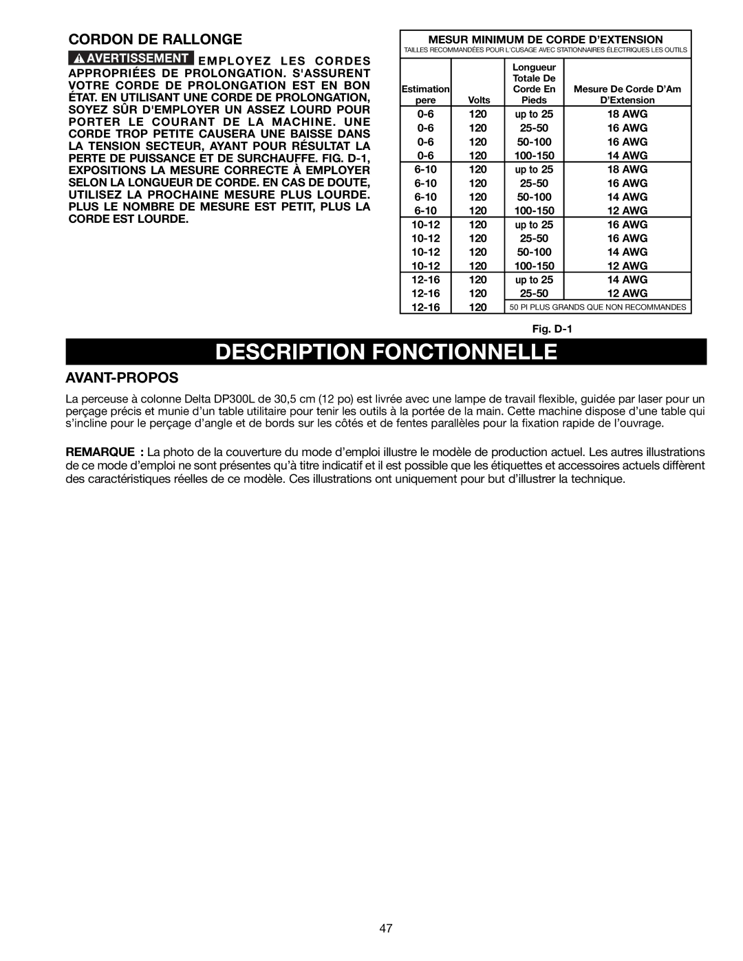 Delta DP300L instruction manual Description Fonctionnelle, Cordon DE Rallonge, Avant-Propos 