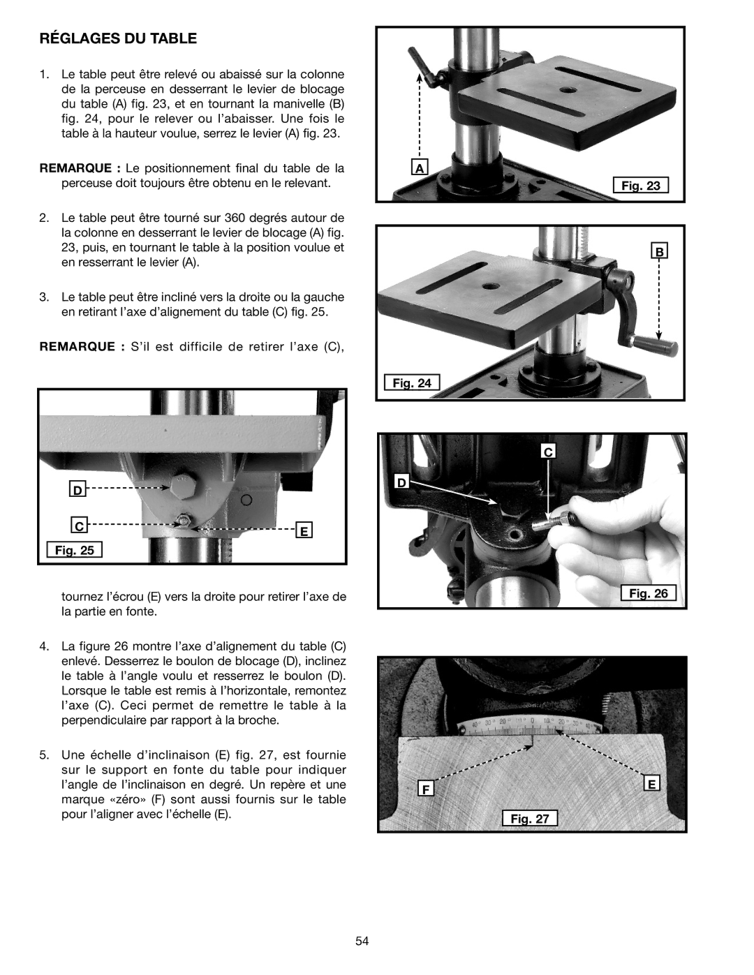 Delta DP300L instruction manual Réglages DU Table 