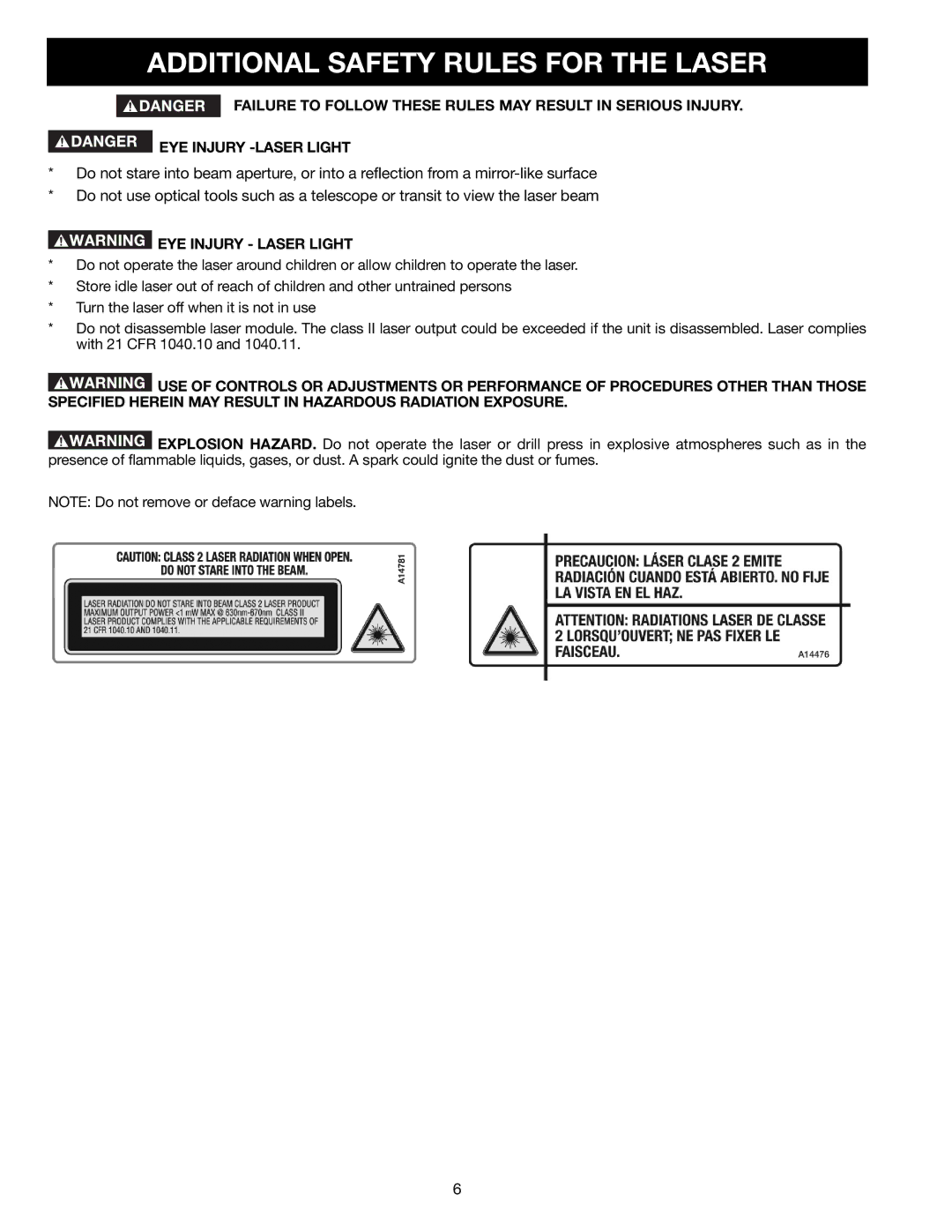 Delta DP300L instruction manual Additional Safety Rules for the Laser, EYE Injury Laser Light 