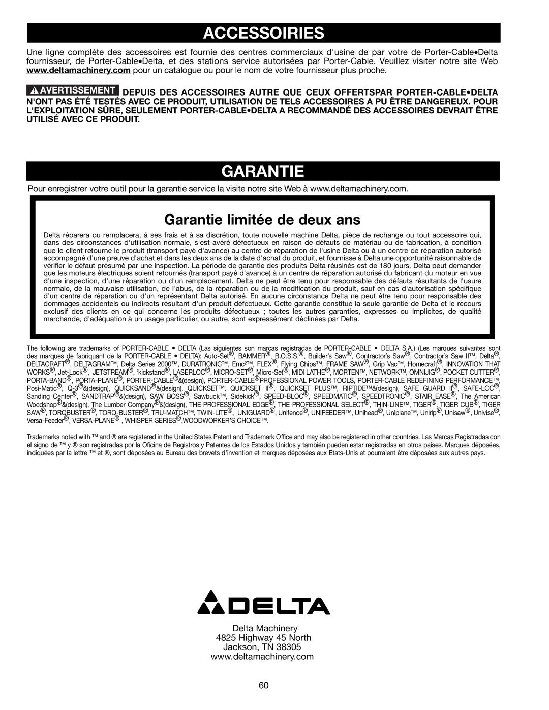 Delta DP300L instruction manual Accessoiries, Garantie 