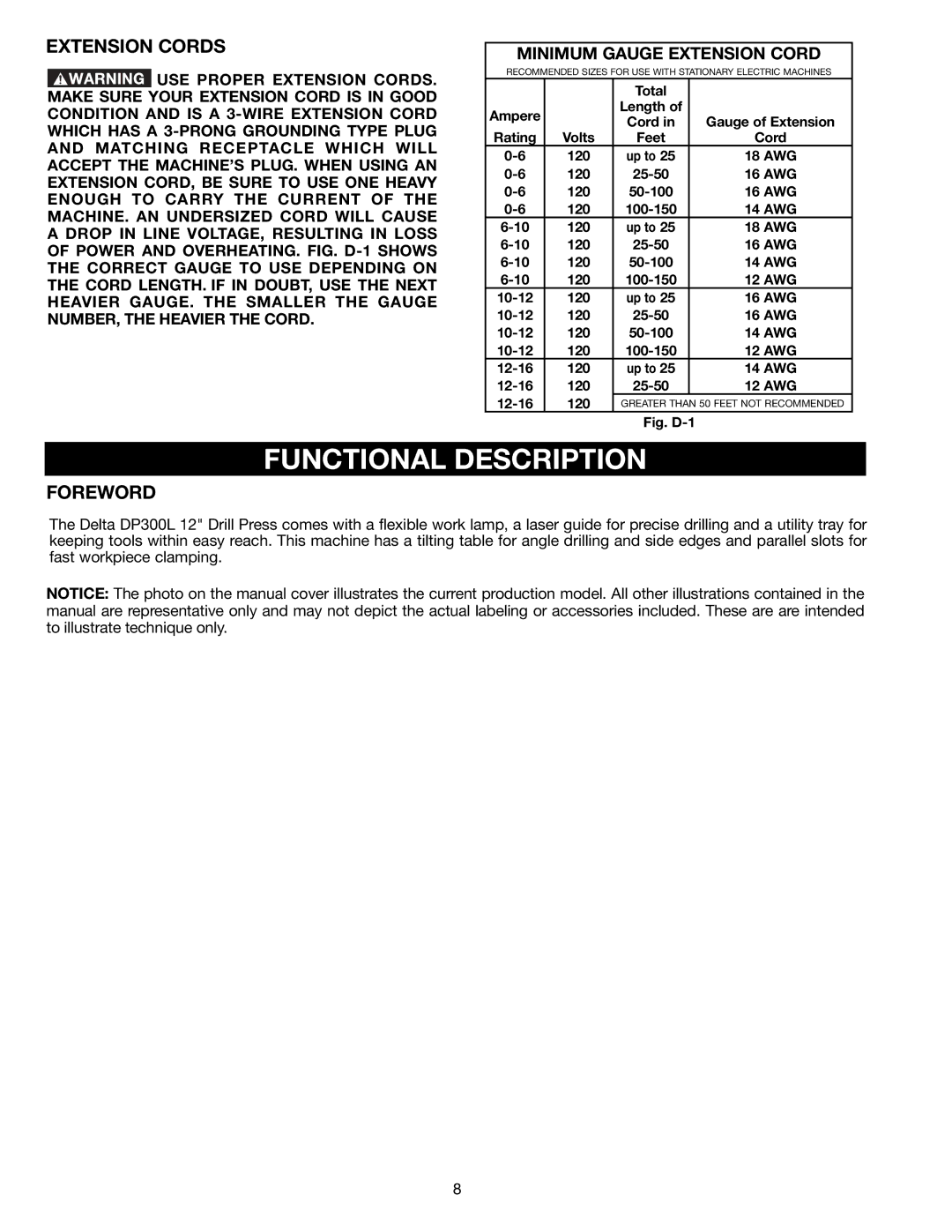 Delta DP300L instruction manual Functional Description, Extension Cords, Foreword 