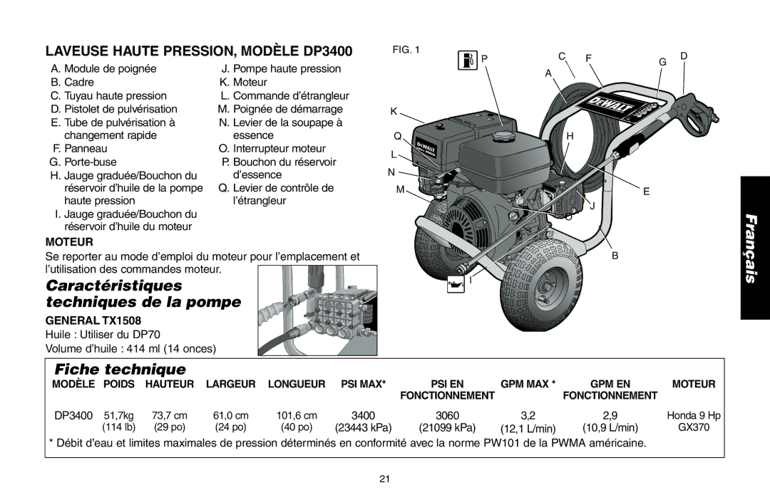 Delta DP3400 instruction manual Caractéristiques techniques de la pompe, Fiche technique, Moteur, General TX1508 