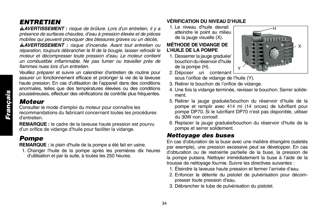 Delta DP3400 Entretien, Moteur, Vérification DU Niveau D’HUILE, Méthode DE Vidange DE ’HUILE DE LA Pompe 